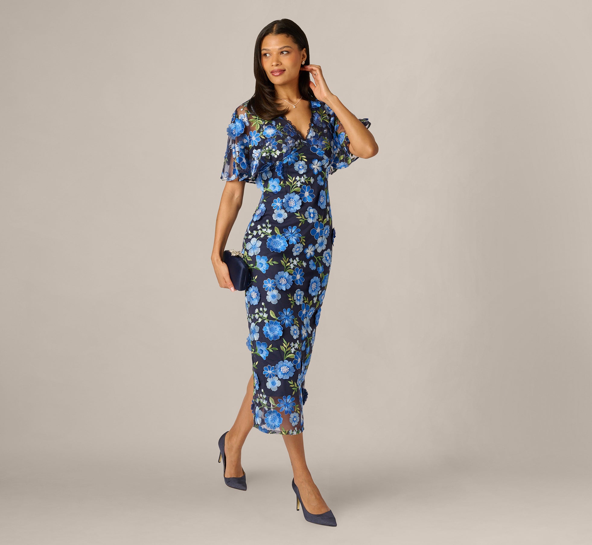 Blue Multi Cape Sleeve Floral Embroidered Midi Dress - Adrianna Papell