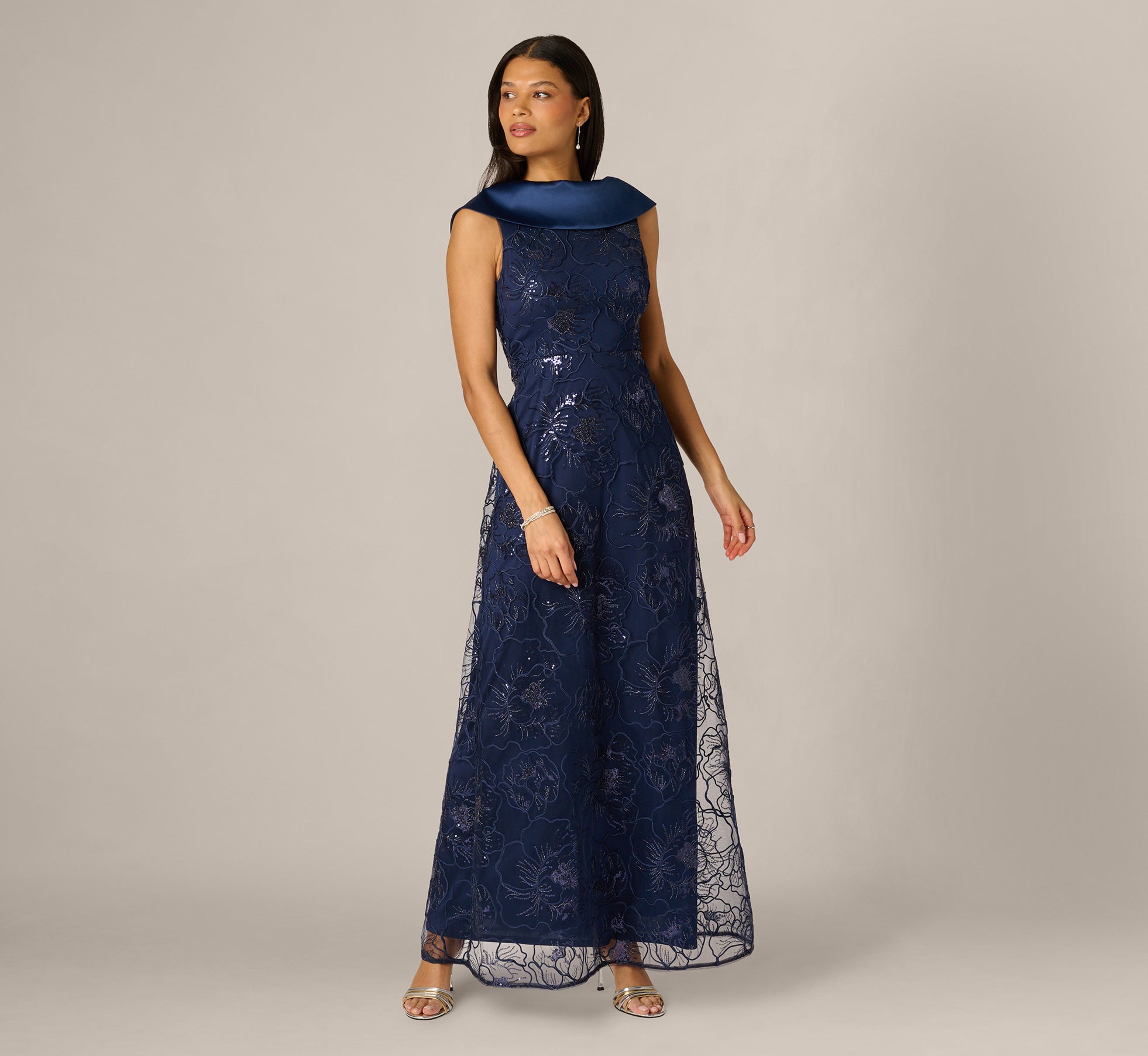 Navy Floral Embroidered Satin Roll Collar Gown - Adrianna Papell Navy Floral Embroidered Satin Roll Collar Gown - Adrianna Papell