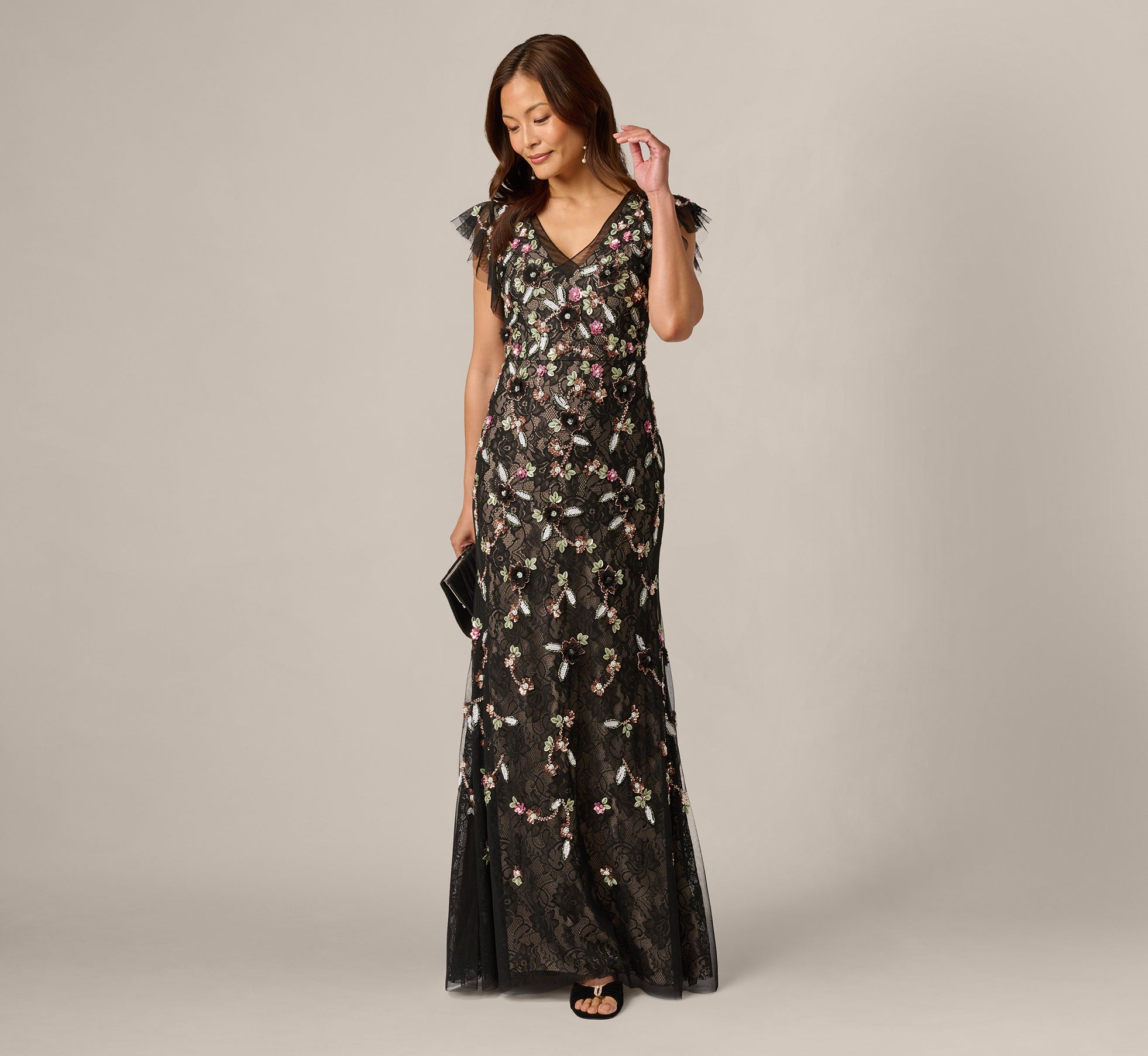 Multi Colored Flutter Sleeve Floral Sequin Beaded Lace Gown - Adrianna Papell Multi Colored Flutter Sleeve Floral Sequin Beaded Lace Gown - Adrianna Papell