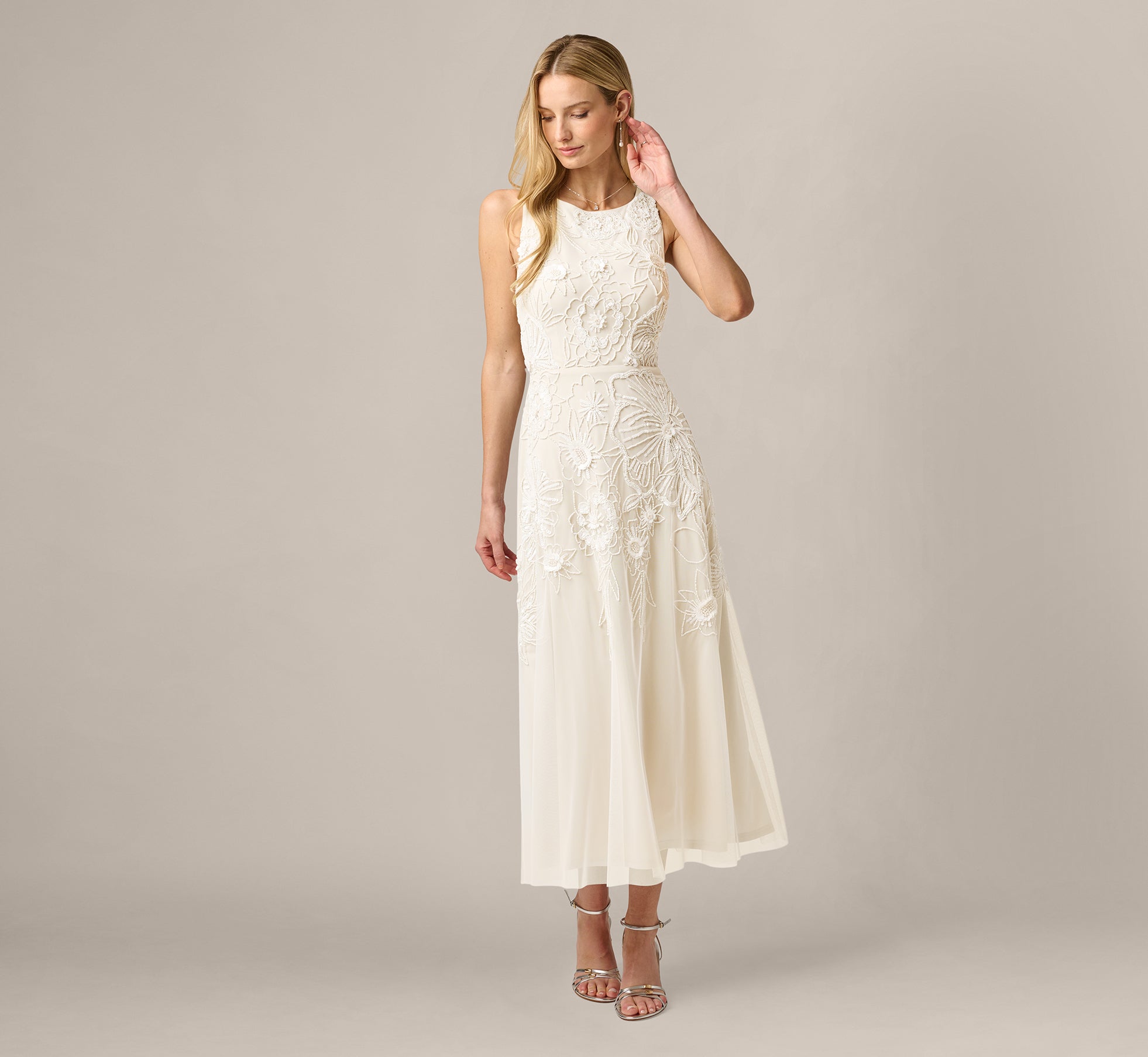 Ivory Pearl Floral Beaded Ankle Length A Line Dress - Adrianna Papell Ivory Pearl Floral Beaded Ankle Length A Line Dress - Adrianna Papell