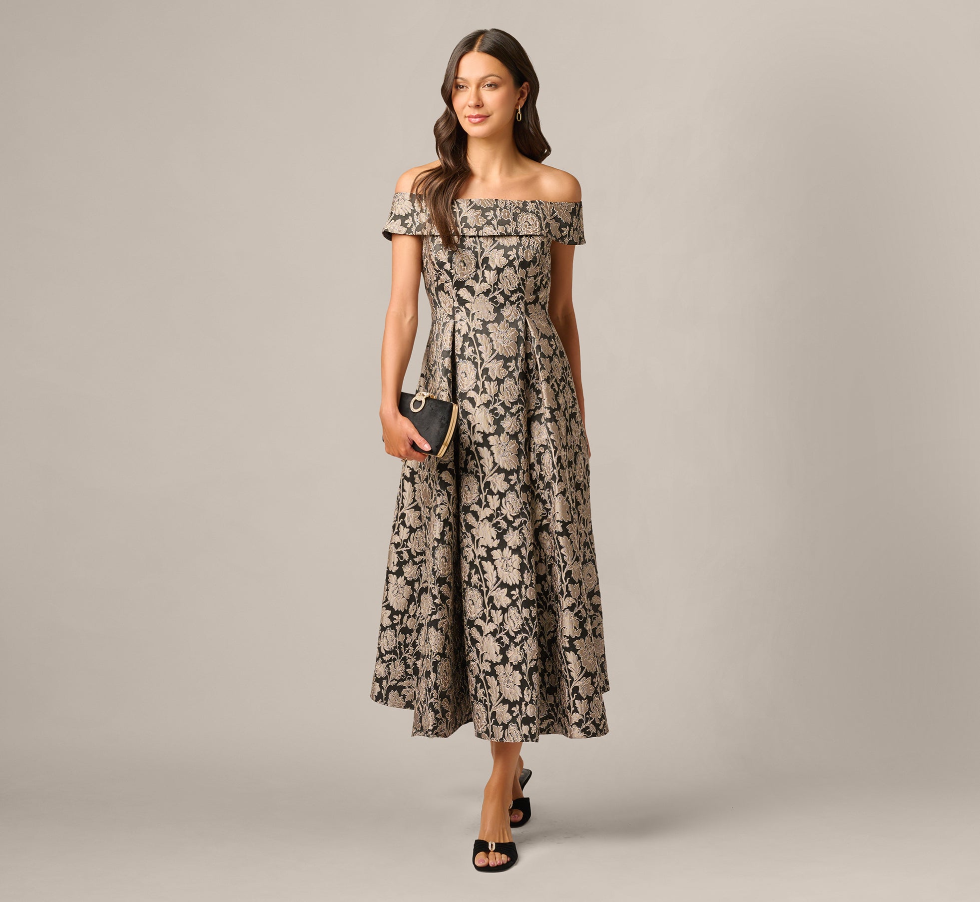 Off Shoulder Metallic Floral Jacquard Ankle Dress In Black Taupe, Black/Taupe / Regular / 6 Off Shoulder Metallic Floral Jacquard Ankle Dress In Black Taupe, Black/Taupe / Regular / 6
