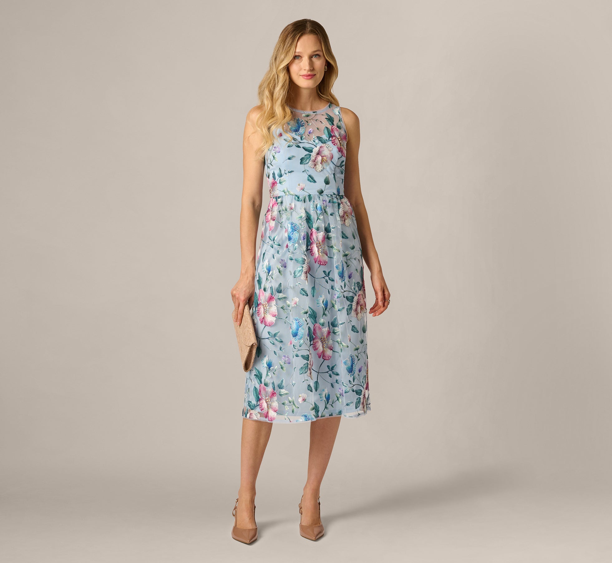 Sequin Beaded Floral Embroidery Illusion Midi Dress In Blue Multi Sequin Beaded Floral Embroidery Illusion Midi Dress In Blue Multi