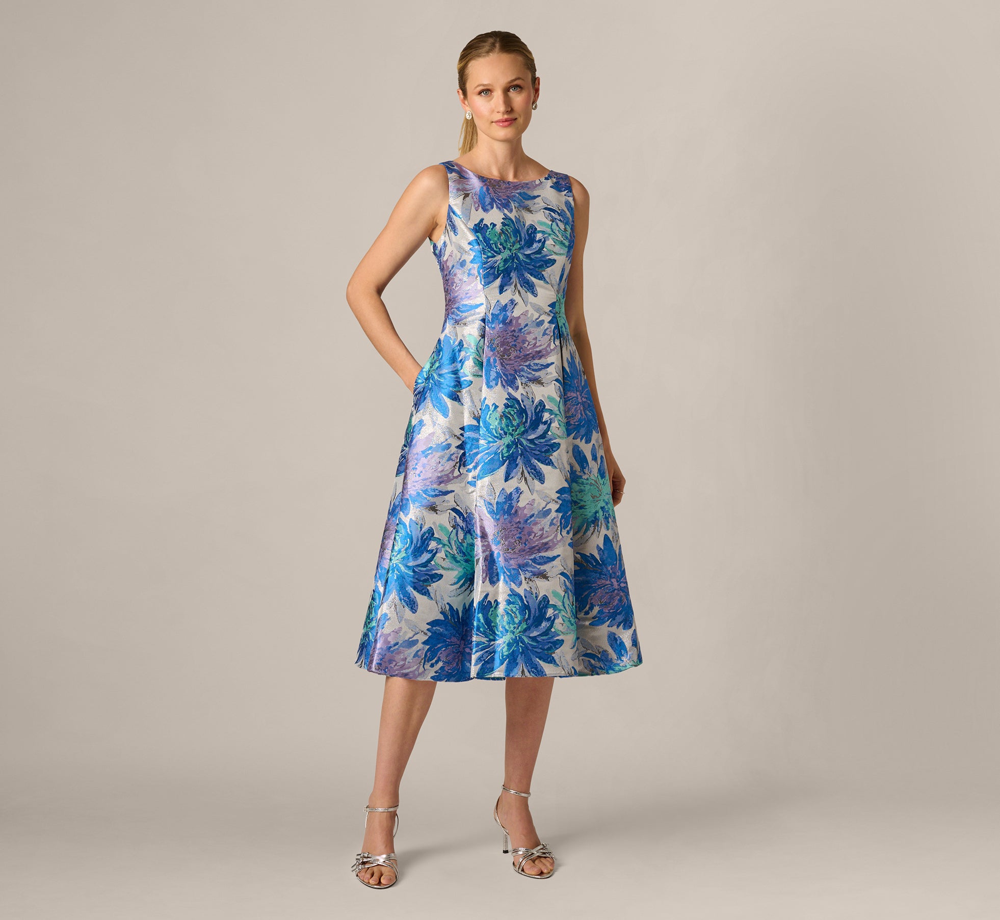 Chrysanthemum Floral Jacquard Fit And Flare Tea Length Dress In