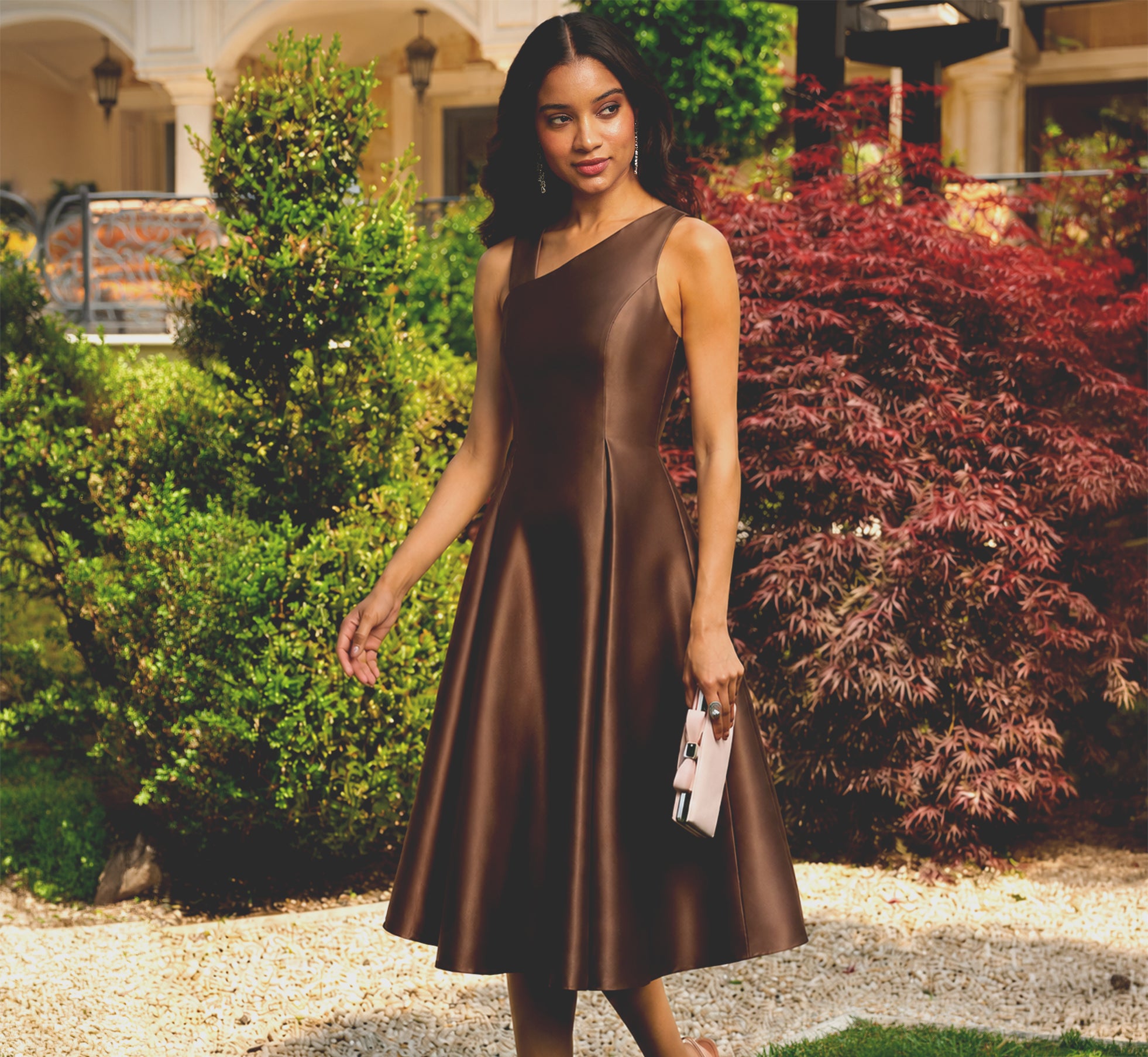 Asymmetrical Mikado Fit And Flare Midi Dress In Espresso, Espresso / Regular / 16
