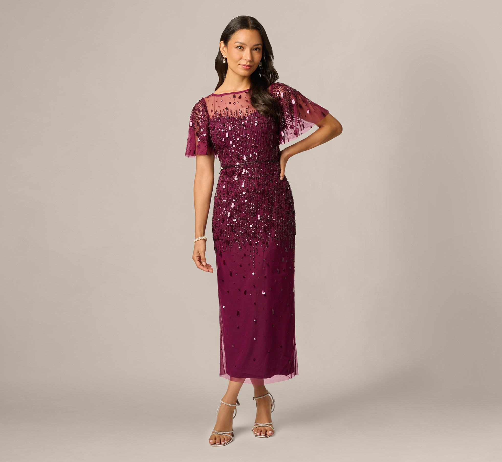Adrianna Papell Petite Beaded Mesh Flutter-Sleeve Dress - Bordeaux