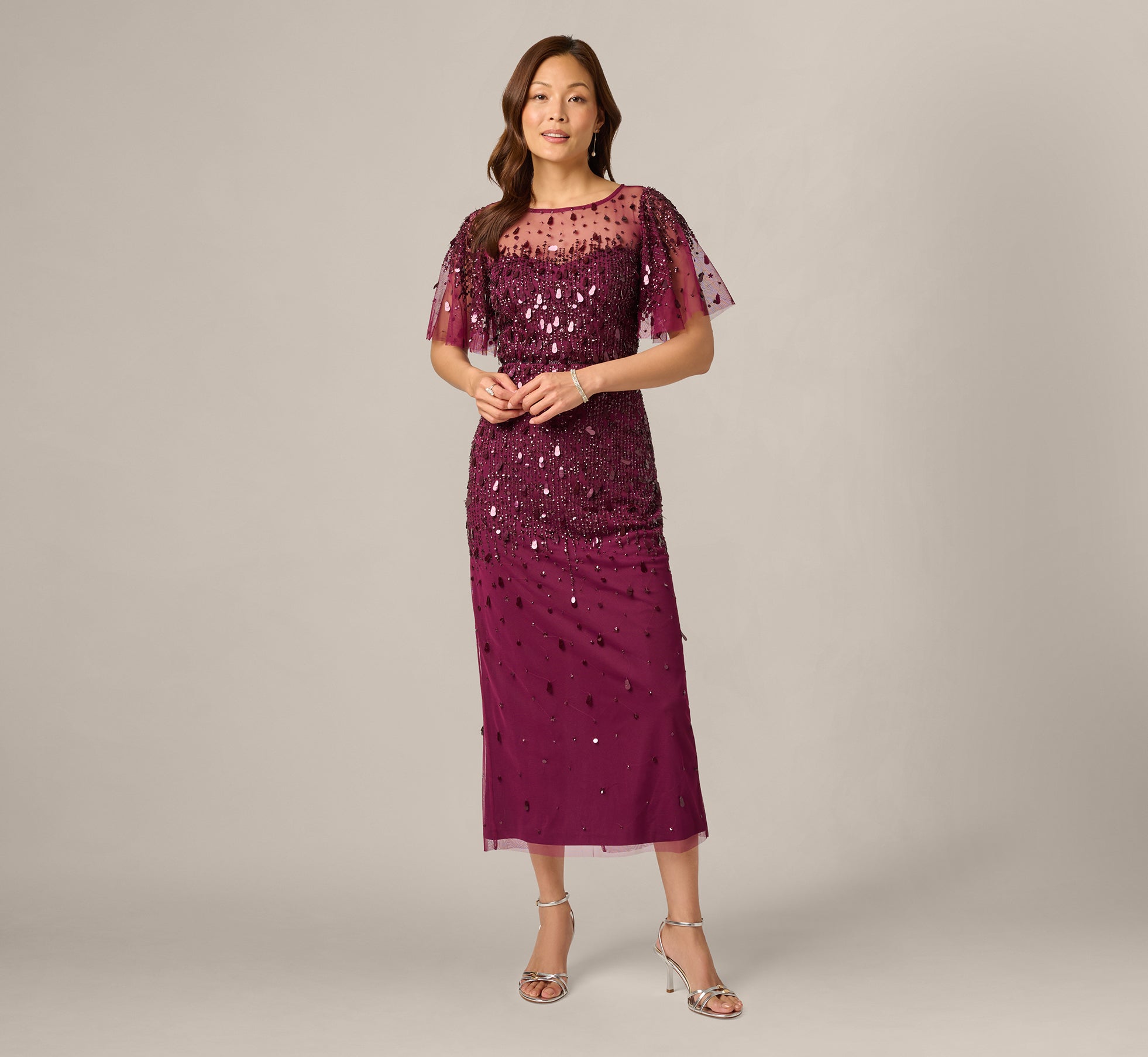 Flutter Sleeve Sequin Beaded Midi Dress In Bordeaux, Bordeaux / Regular / 20 Flutter Sleeve Sequin Beaded Midi Dress In Bordeaux, Bordeaux / Regular / 20