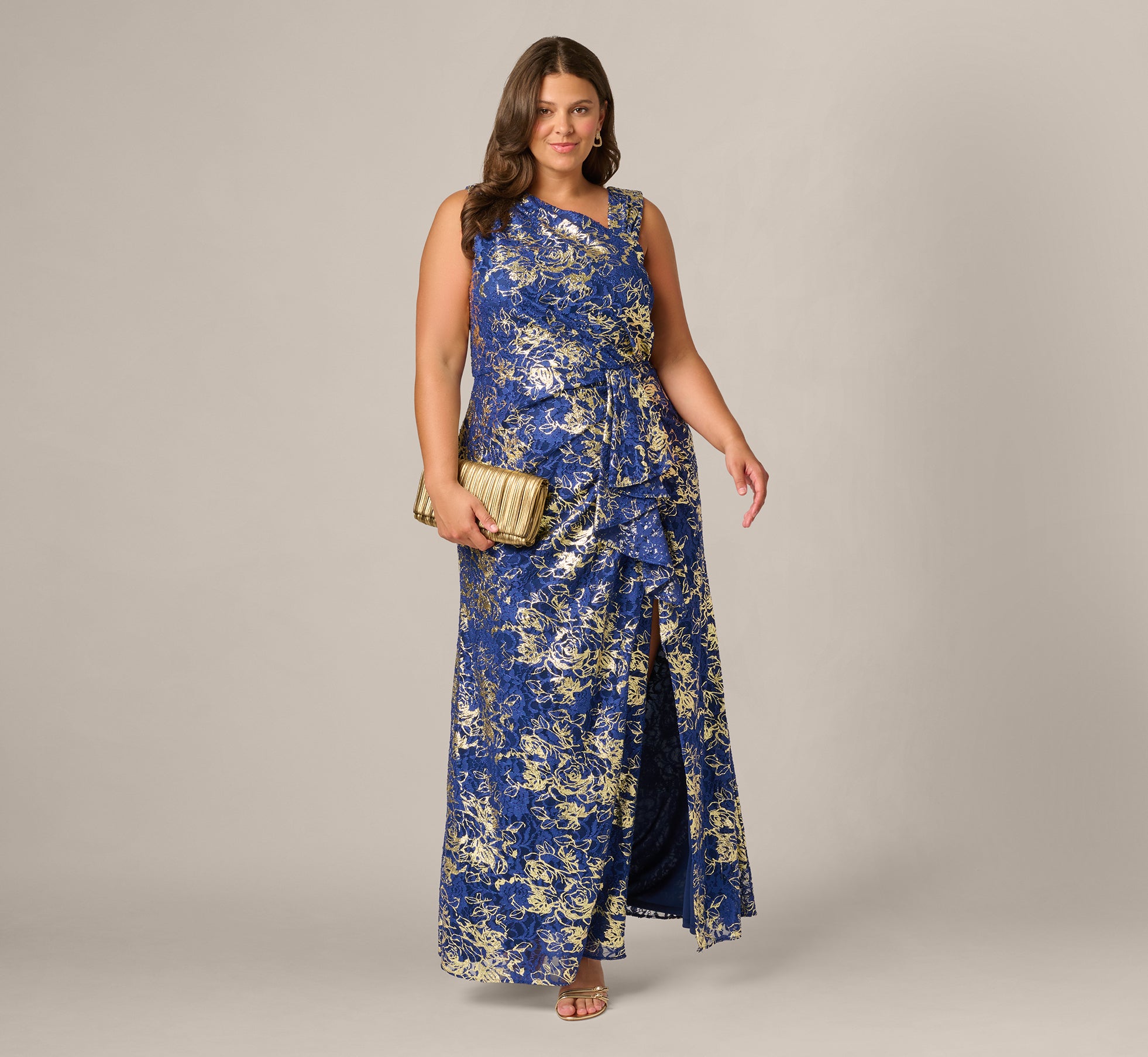 Navy Gold Plus Size Asymmetrical Draped Stretch Metallic Lace Gown - Adrianna Papell Navy Gold Plus Size Asymmetrical Draped Stretch Metallic Lace Gown - Adrianna Papell
