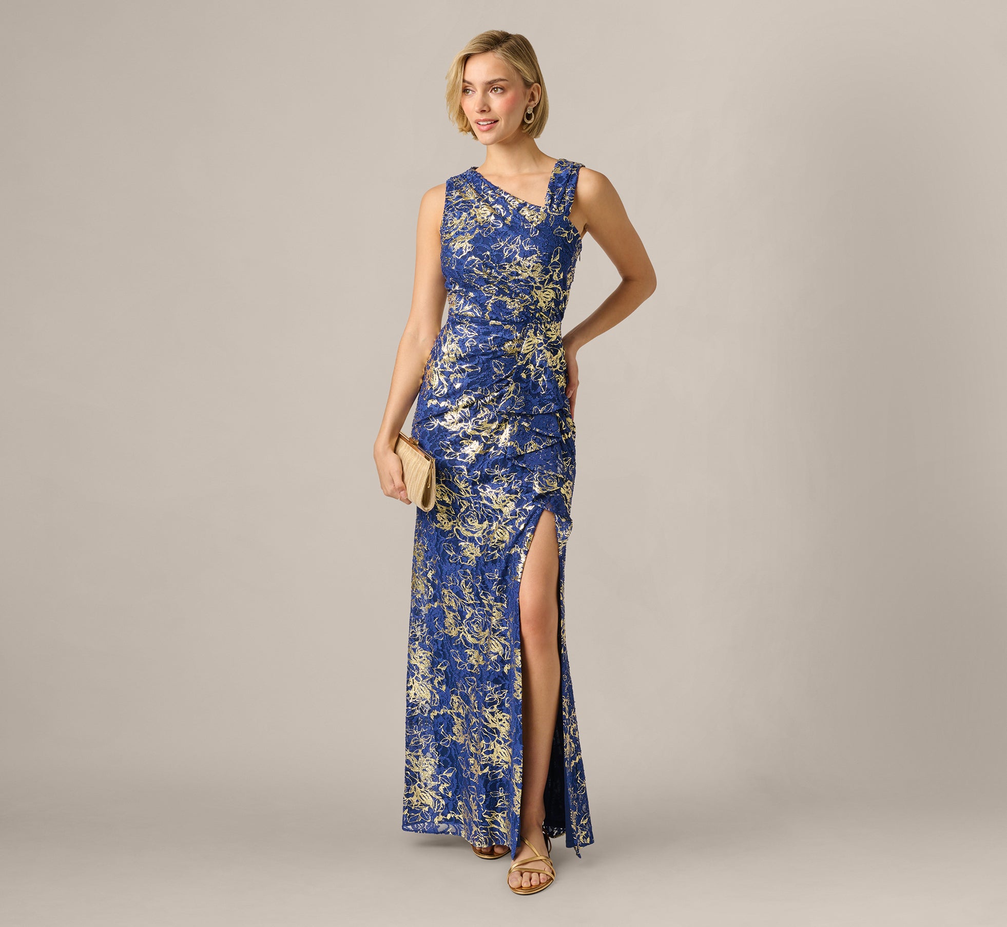 Asymmetrical Draped Stretch Metallic Lace Gown In Navy Gold, Navy/Gold / Regular / 10 Asymmetrical Draped Stretch Metallic Lace Gown In Navy Gold, Navy/Gold / Regular / 10