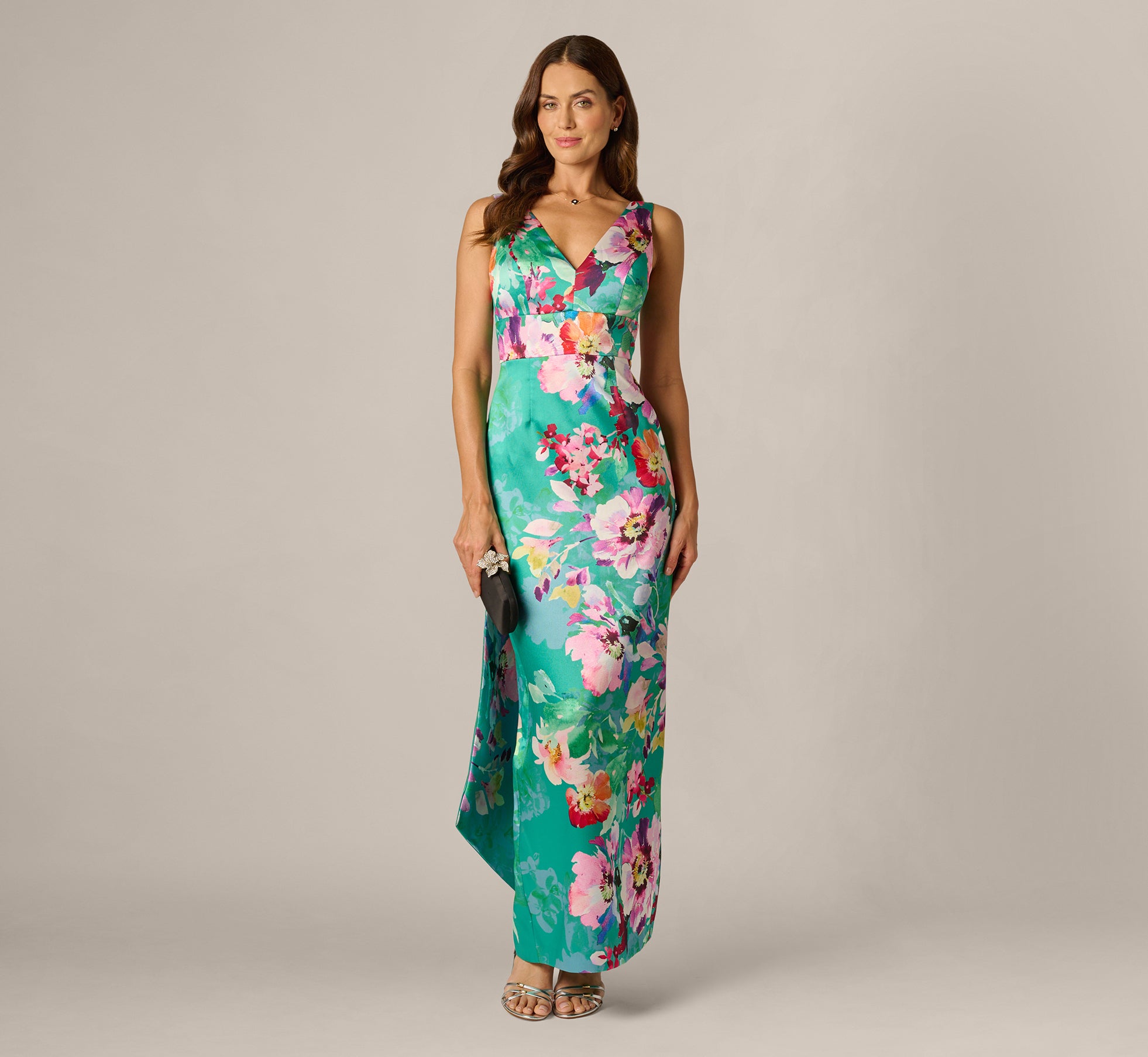 Multi Colored Floral Mikado Scarf Train Column Gown