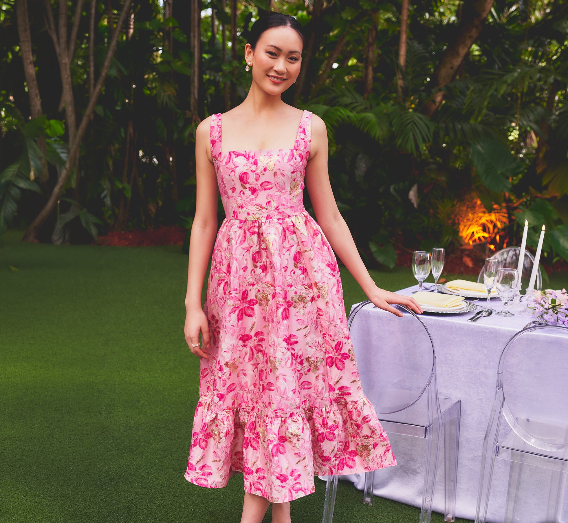 Metallic Floral Jacquard Ruffle Midi Dress In Pink Multi Metallic Floral Jacquard Ruffle Midi Dress In Pink Multi