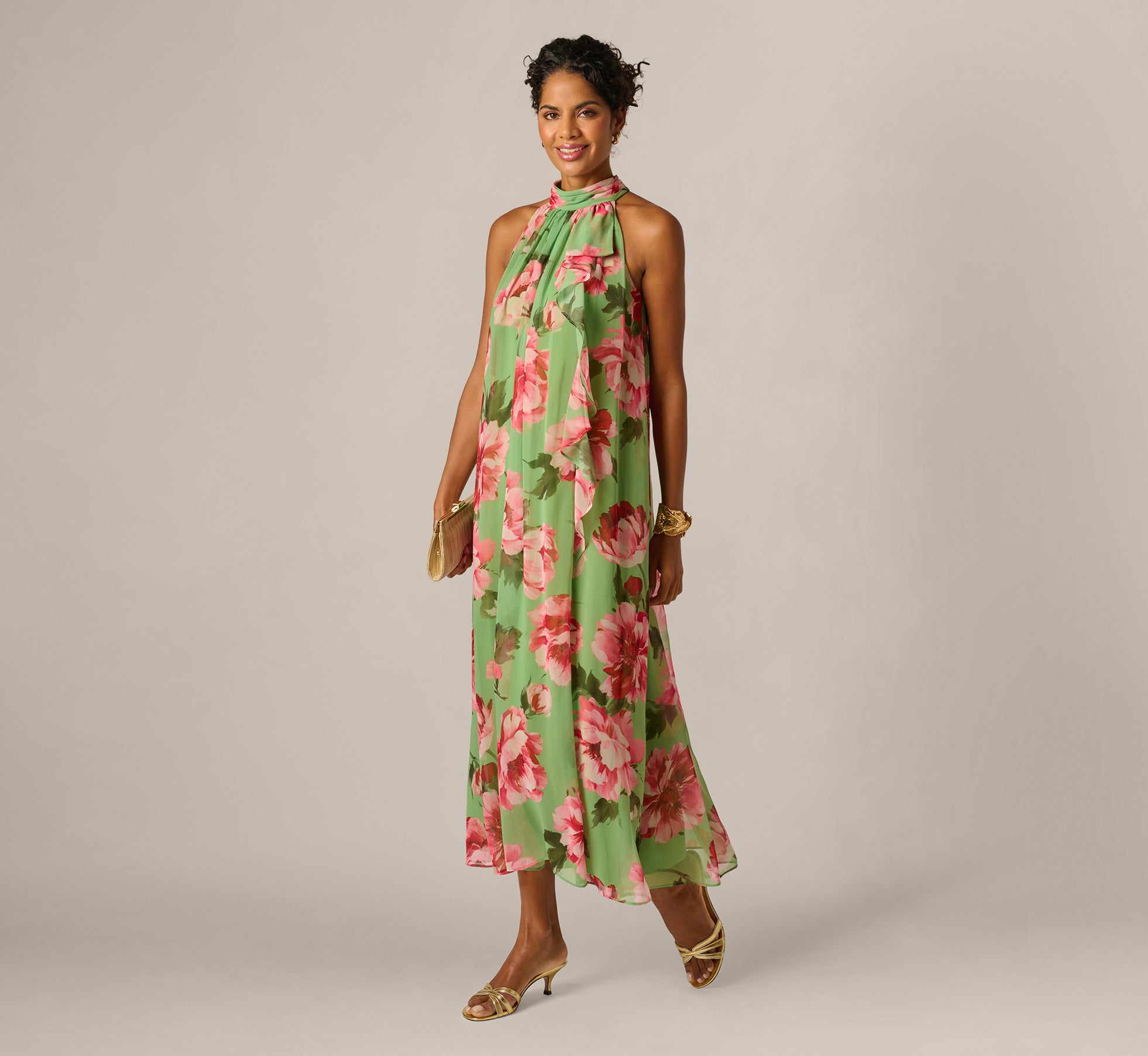 Adrianna Papell Draped Floral Chiffon Halter Gown - Lime Multi Adrianna Papell Draped Floral Chiffon Halter Gown - Lime Multi