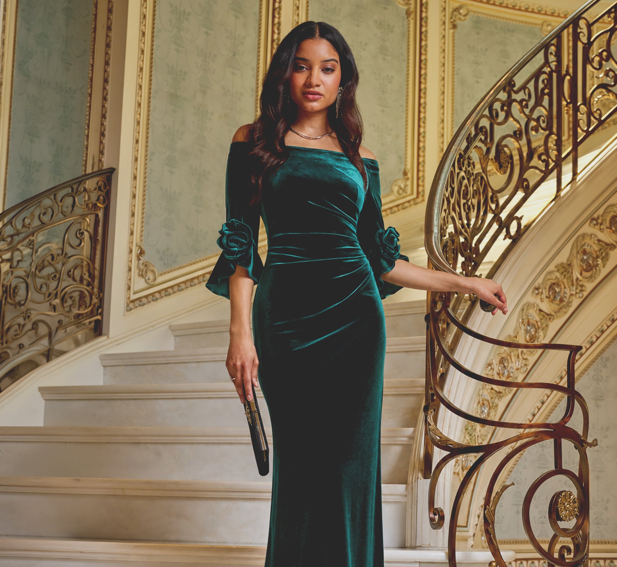 Bell Sleeve Off Shoulder Stretch Velvet Rosette Gown In Hunter, Hunter / Regular / 12