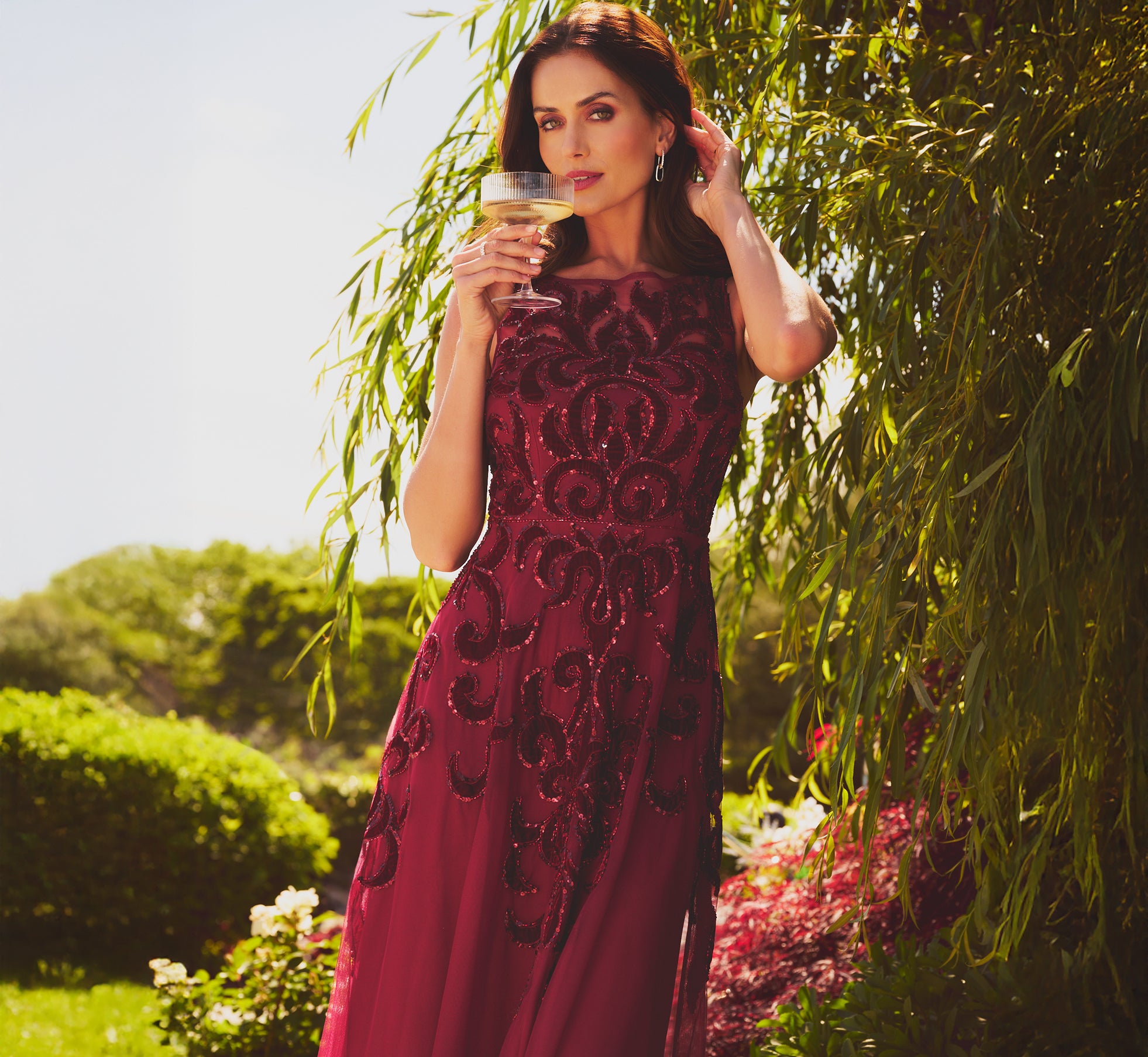 Red Petite Baroque Scroll Velvet Beaded Gown