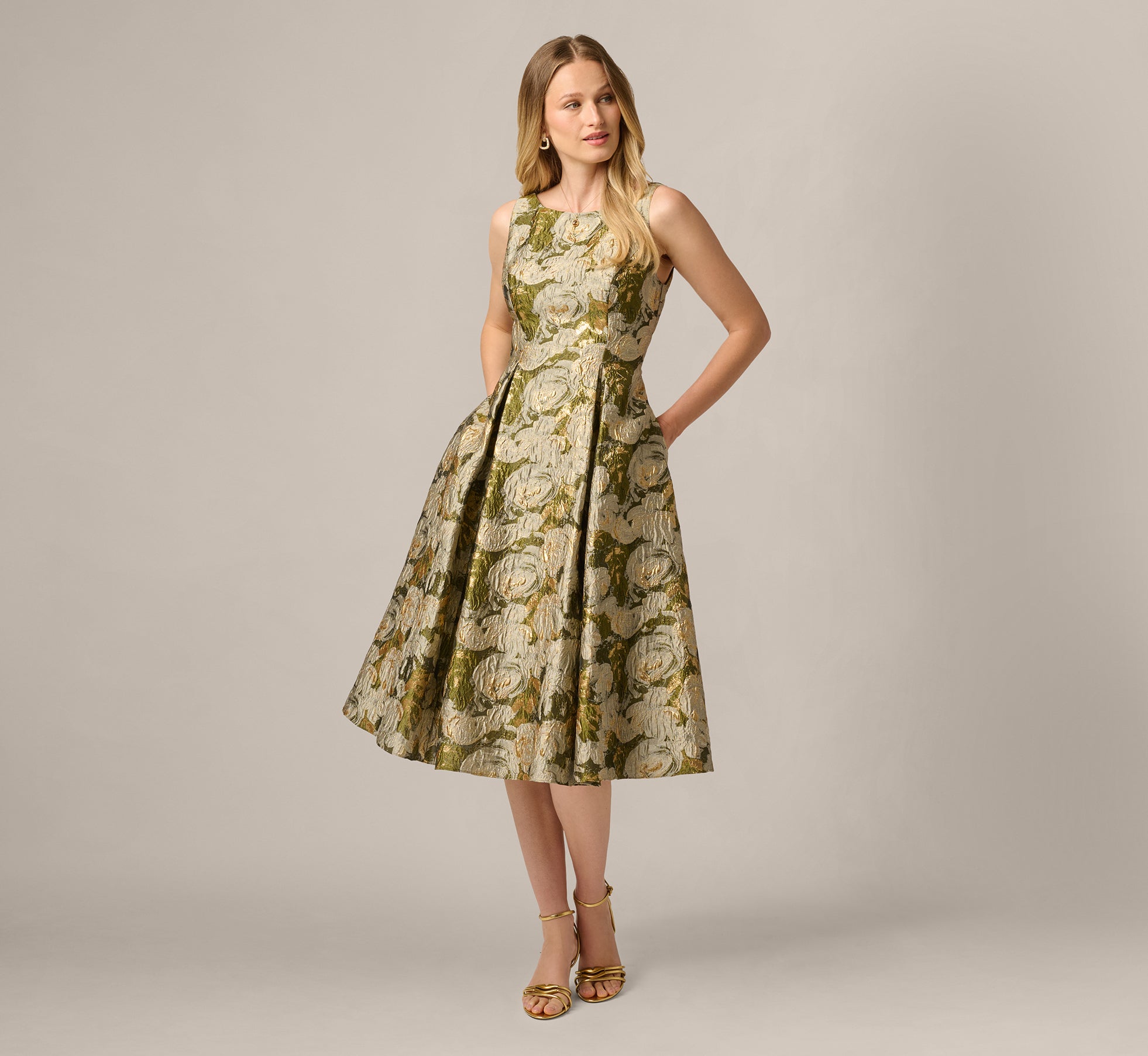 Green Floral Jacquard Fit And Flare Tea Length Dress