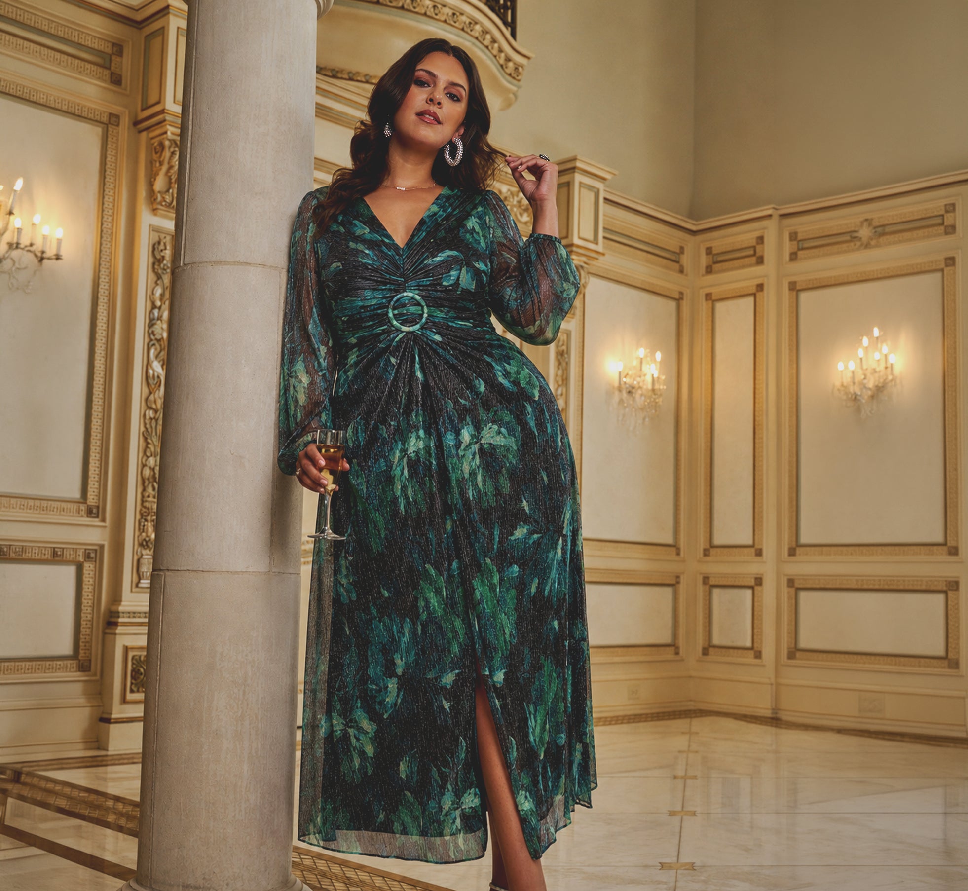 Adrianna Papell Plus Size Metallic Floral Mesh Long Sleeve V Neck Dress, Womens, 22W, Black Emerald