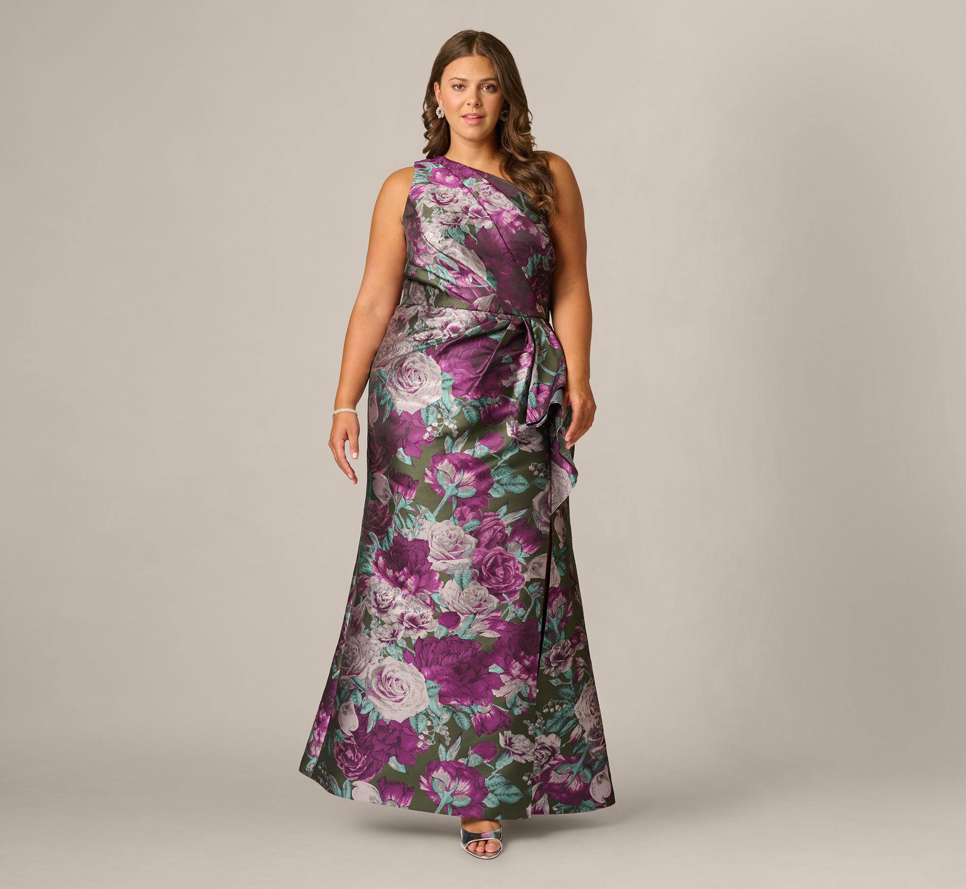Plus Size One Shoulder Rose Garden Jacquard Mermaid Gown In Green Multi, Green Multi / Plus Size / 22
