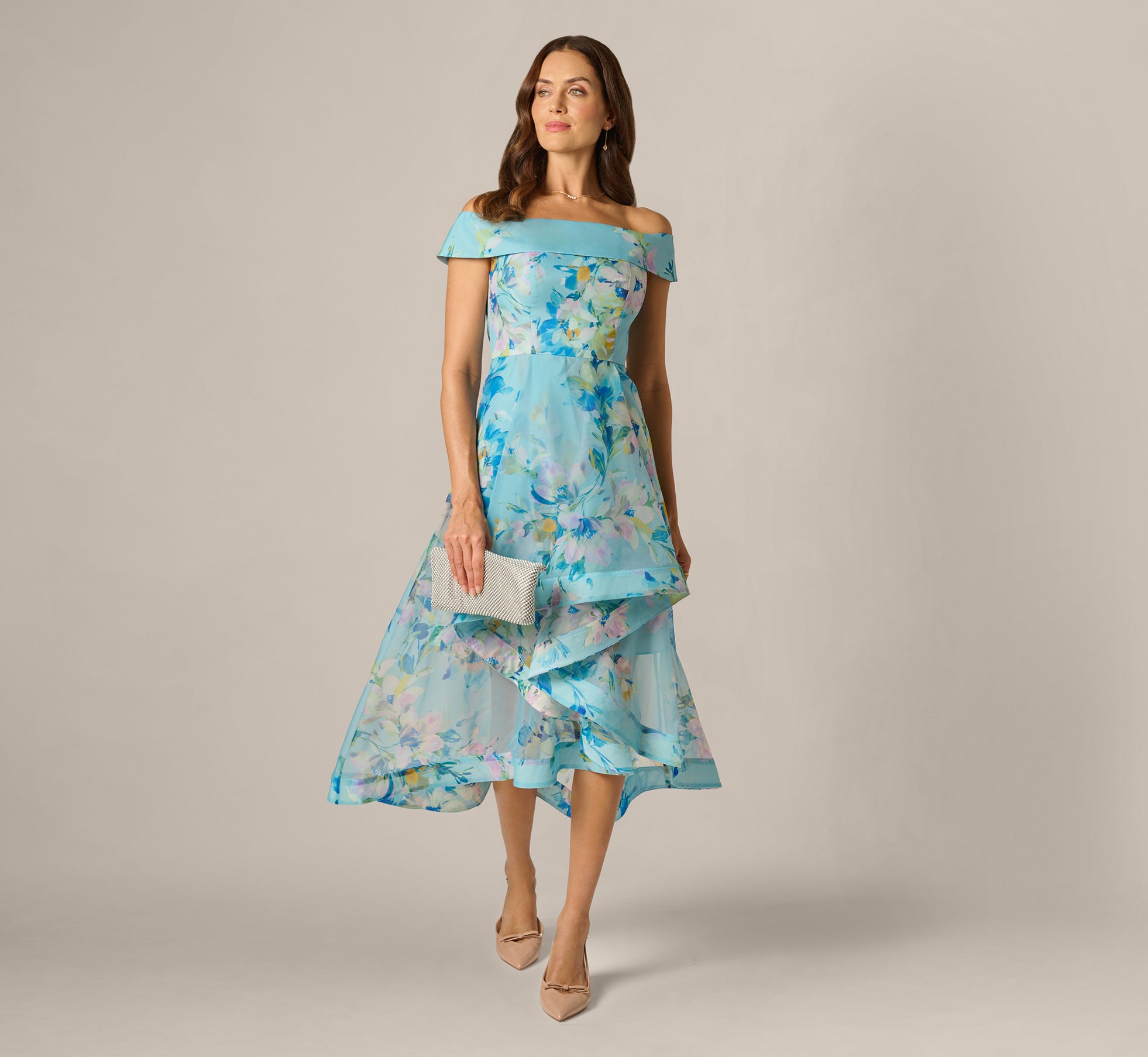 knee length dresses for ladies Blue Gold One Shoulder Jacquard Dress main image 0