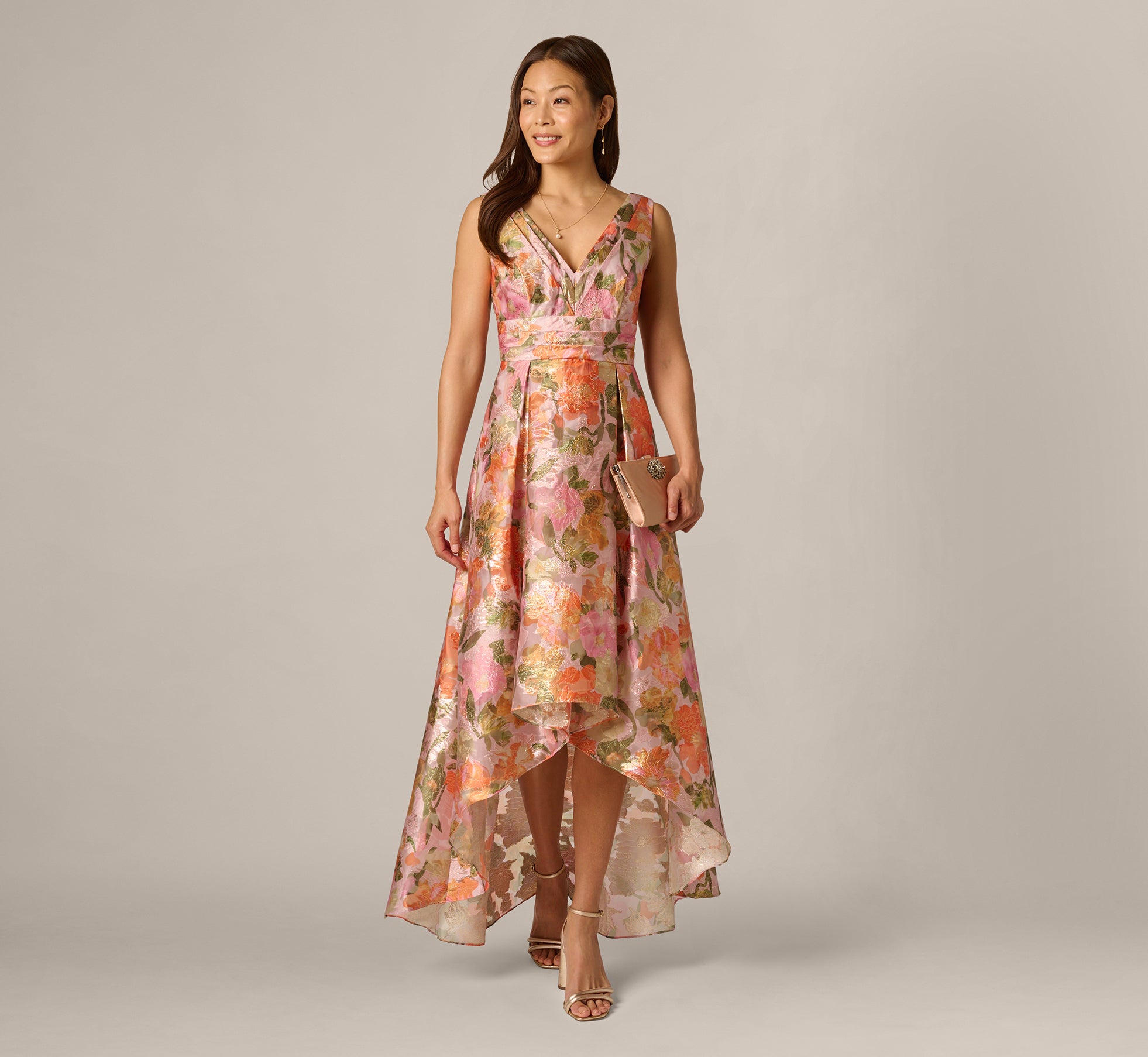 Yellow Orange Multi Metallic Floral Jacquard High Low Gown - Adrianna Papell Yellow Orange Multi Metallic Floral Jacquard High Low Gown - Adrianna Papell
