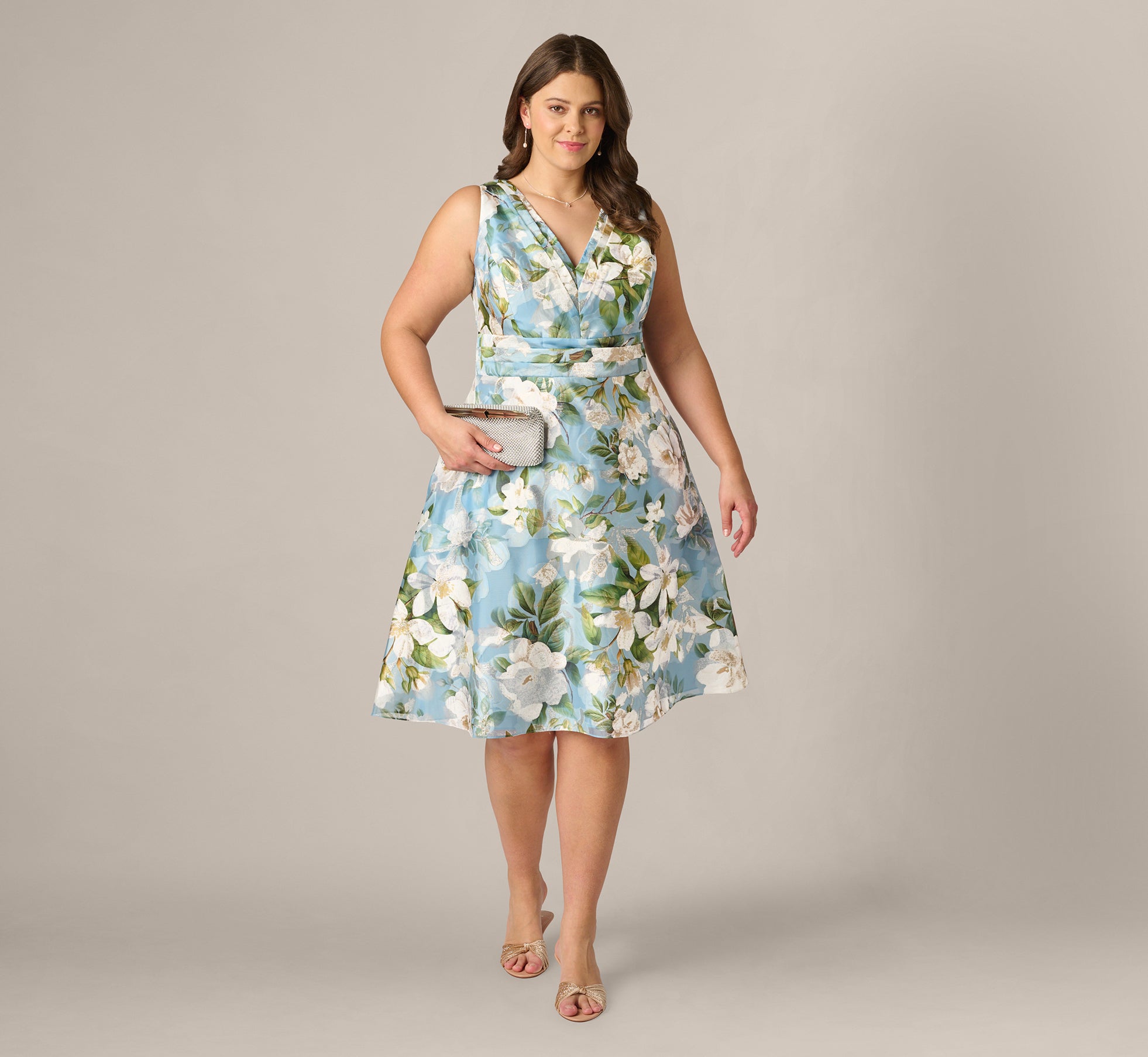 Adrianna Papell Plus Size Floral Jacquard Midi Dress - Blue Multi - Size 16W Adrianna Papell Plus Size Floral Jacquard Midi Dress - Blue Multi - Size 16W