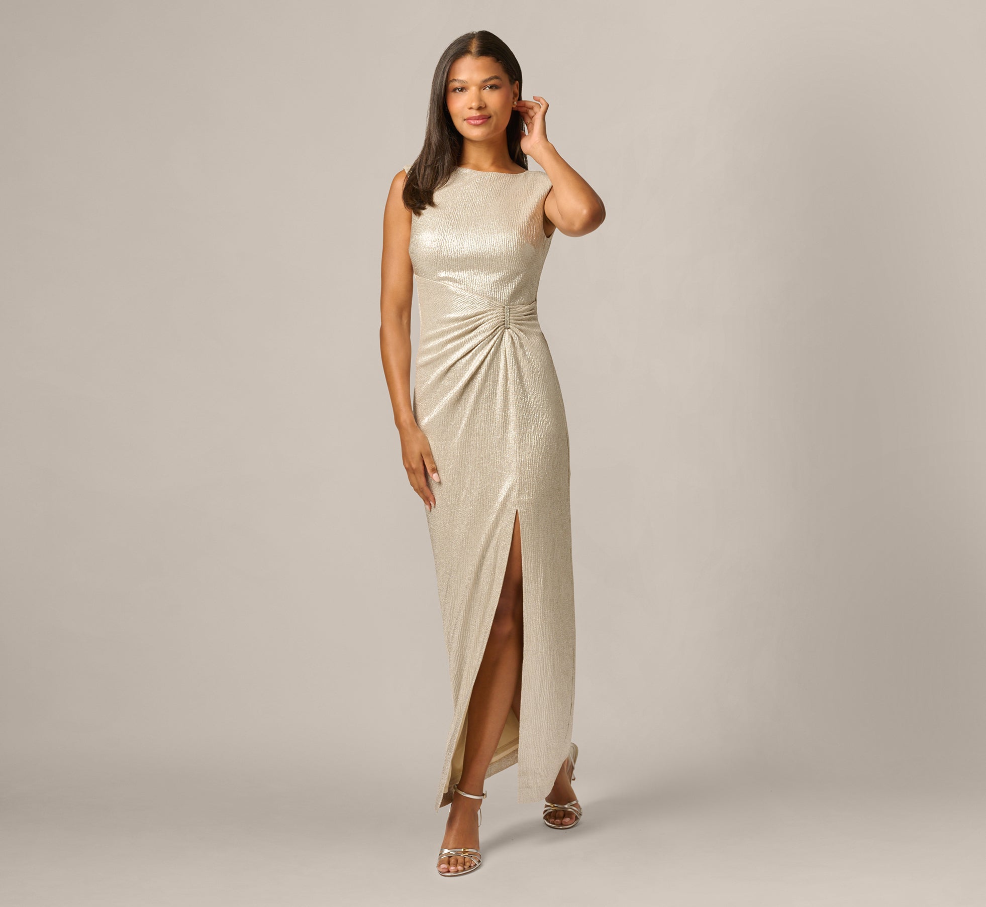 adrianna papell metallic knit draped dress Adrianna Papell One Shoulder Metallic Knit Side Draped Mermaid Gown Size 4