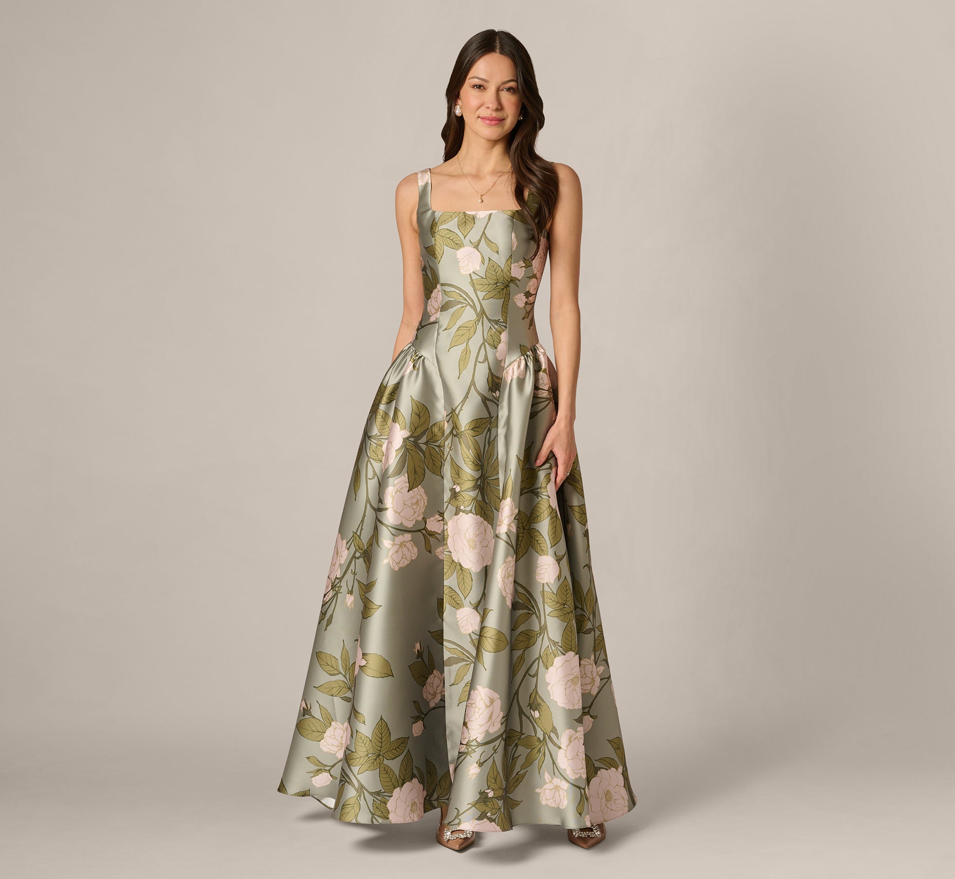 Adrianna Papell Drop Waist Floral Ballgown - Sage Multi Adrianna Papell Drop Waist Floral Ballgown - Sage Multi
