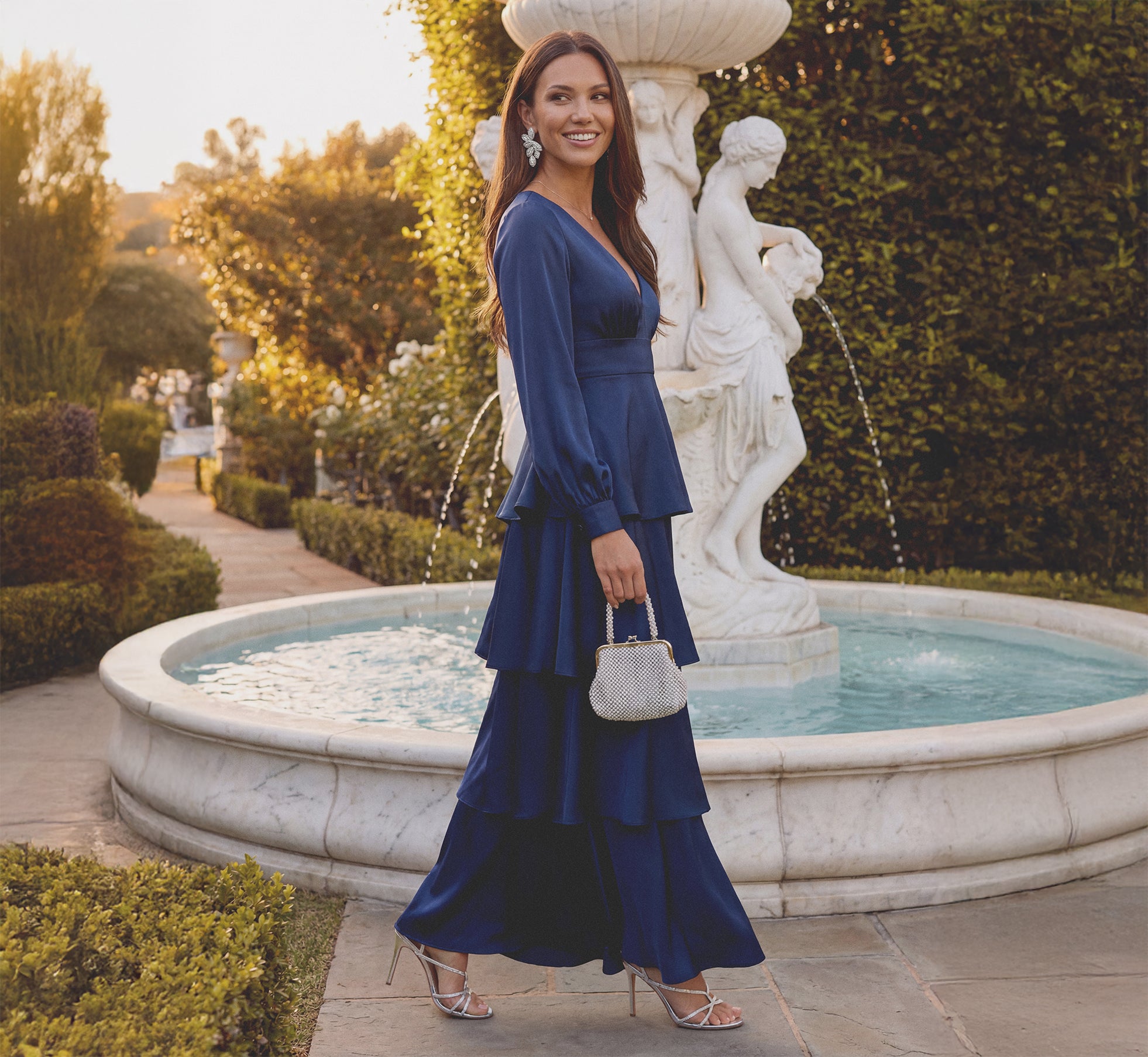 Long Sleeve Satin Tiered Gown In Navy Sateen, Navy Sateen / Regular / 12 Long Sleeve Satin Tiered Gown In Navy Sateen, Navy Sateen / Regular / 12