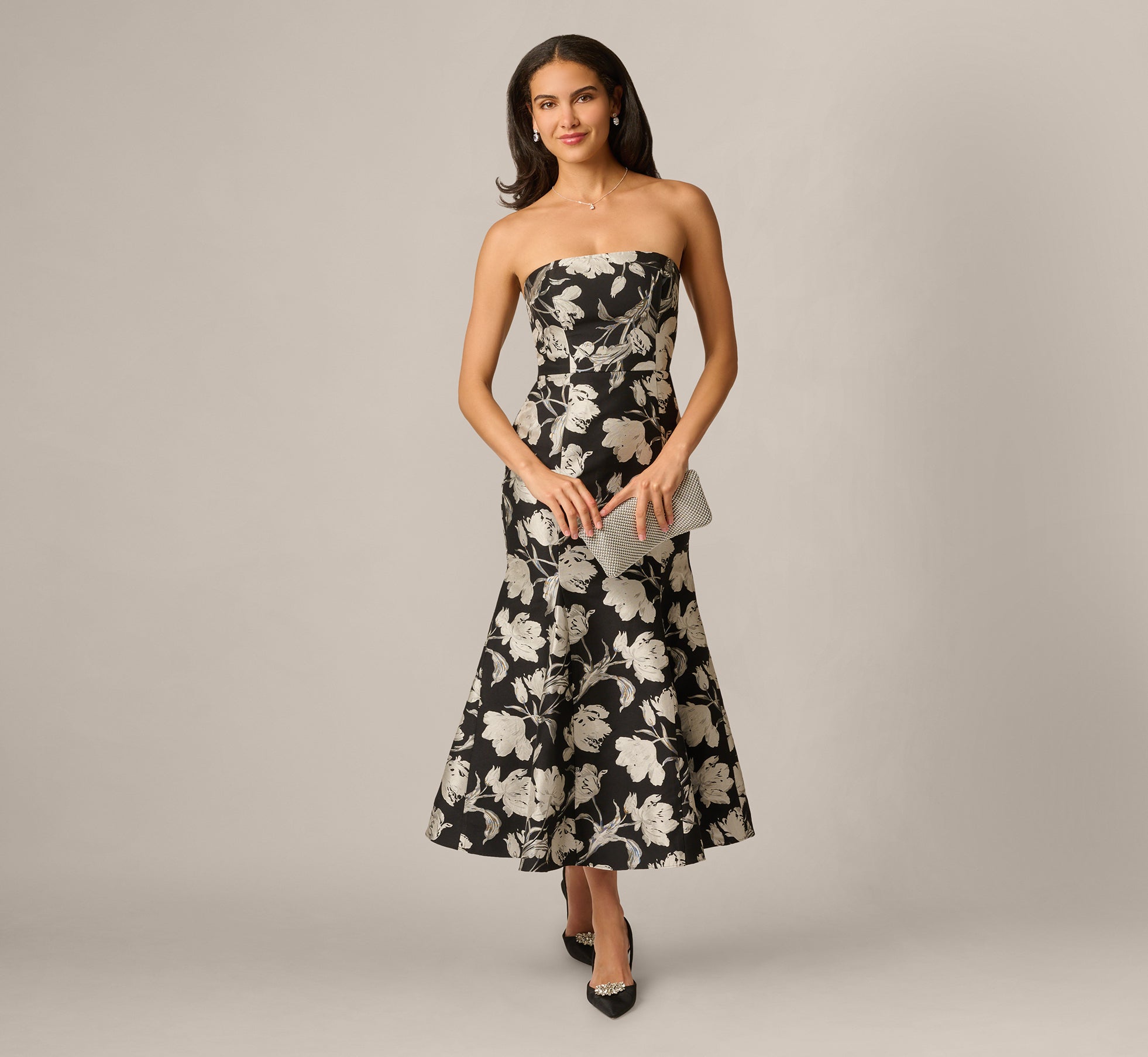 Strapless Floral Jacquard Ankle Length Trumpet Dress In Black Ivory, Black/Ivory / Regular / 4