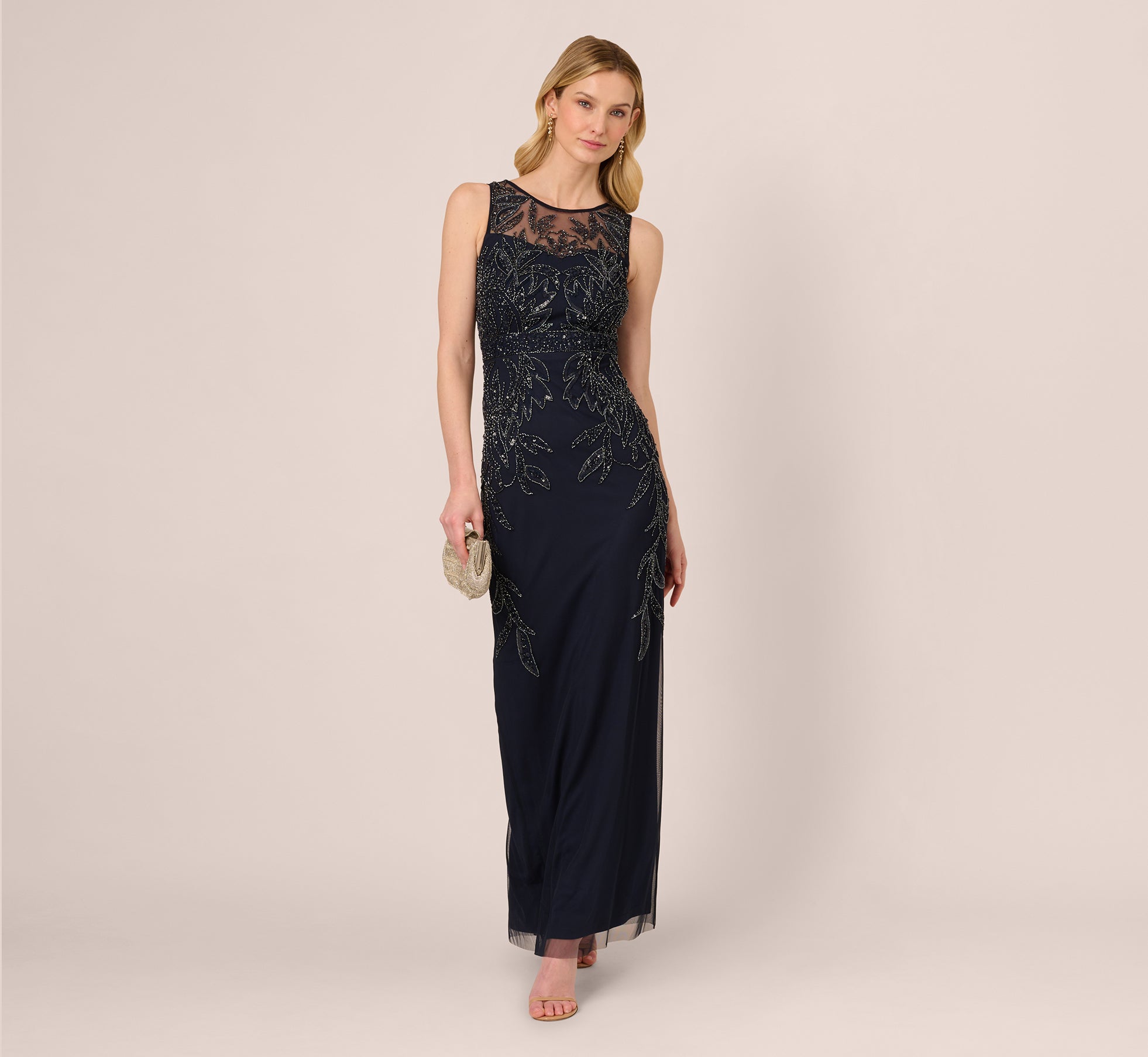 adrianna papell beaded dress Adrianna Papell Hand-Beaded Sleeveless Slim Column Gown In Midnight