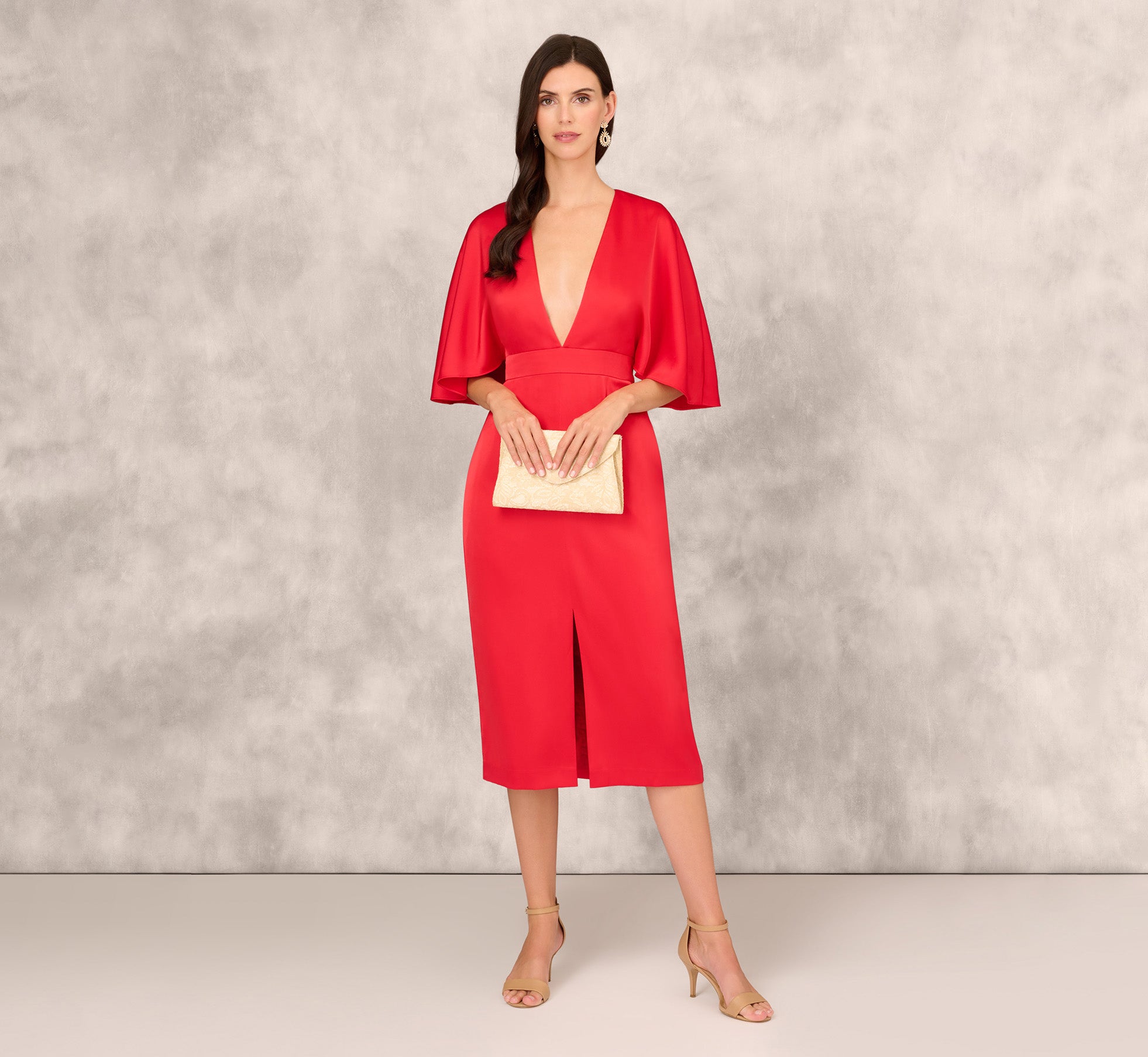 Chateau Red Crepe Back Satin Midi Dress With Flutter Sleeves - Adrianna Papell Chateau Red Crepe Back Satin Midi Dress With Flutter Sleeves - Adrianna Papell