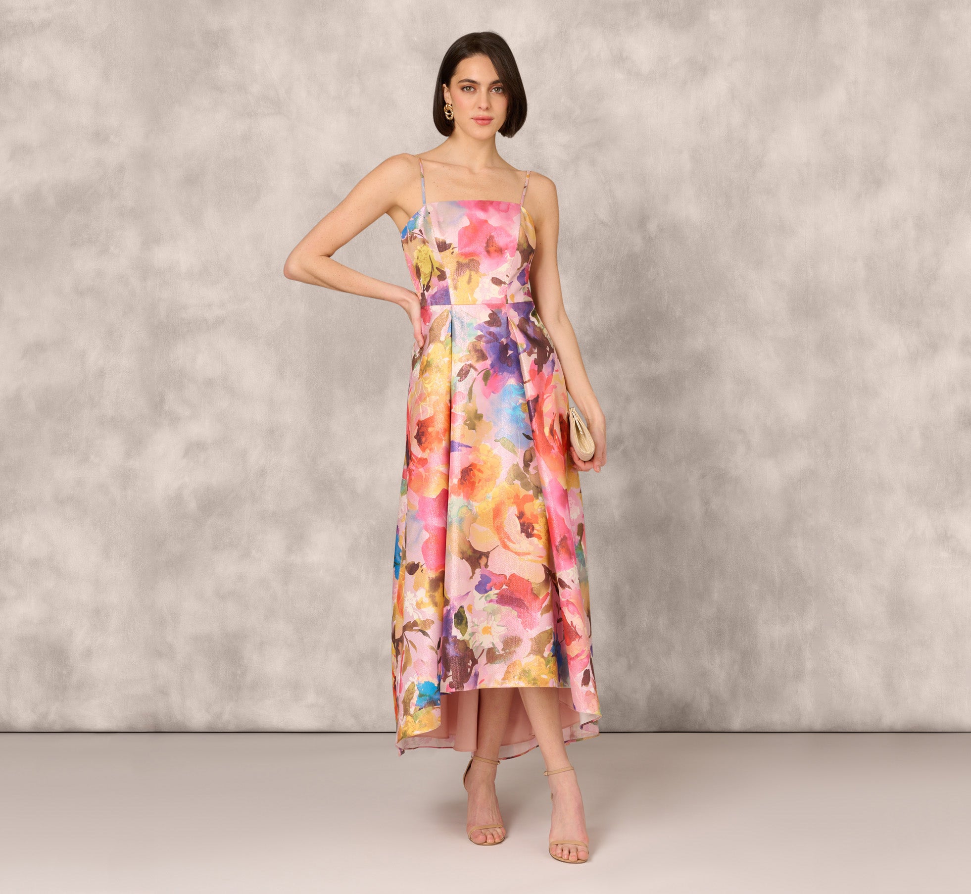 Multi Colored Multicolor Metallic Floral Print Jacquard High Low Gown With Pockets I - Adrianna Papell Multi Colored Multicolor Metallic Floral Print Jacquard High Low Gown With Pockets I - Adrianna Papell