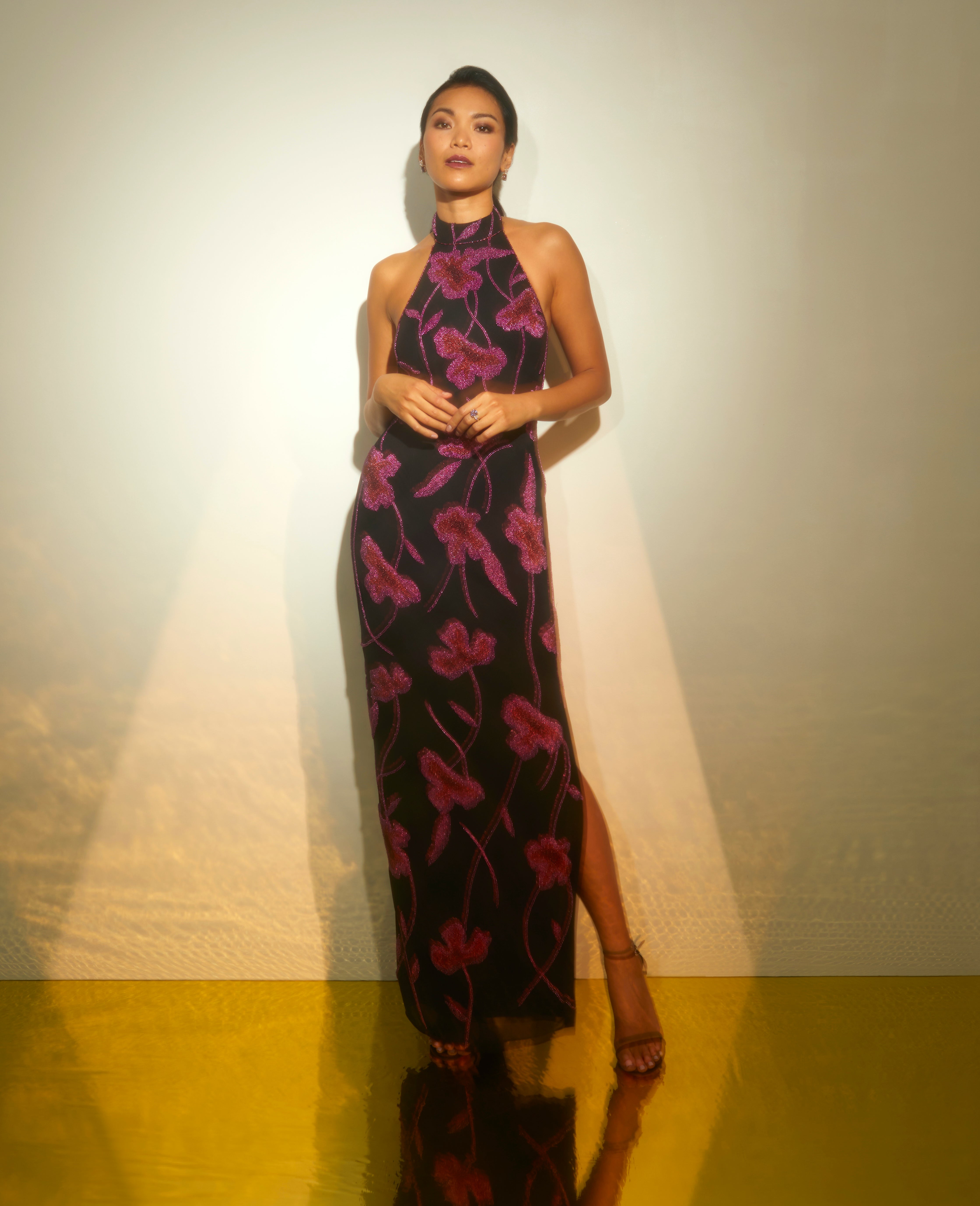 Black Multi Beaded Floral Halter Column Gown With Mock Neck - Adrianna Papell Black Multi Beaded Floral Halter Column Gown With Mock Neck - Adrianna Papell