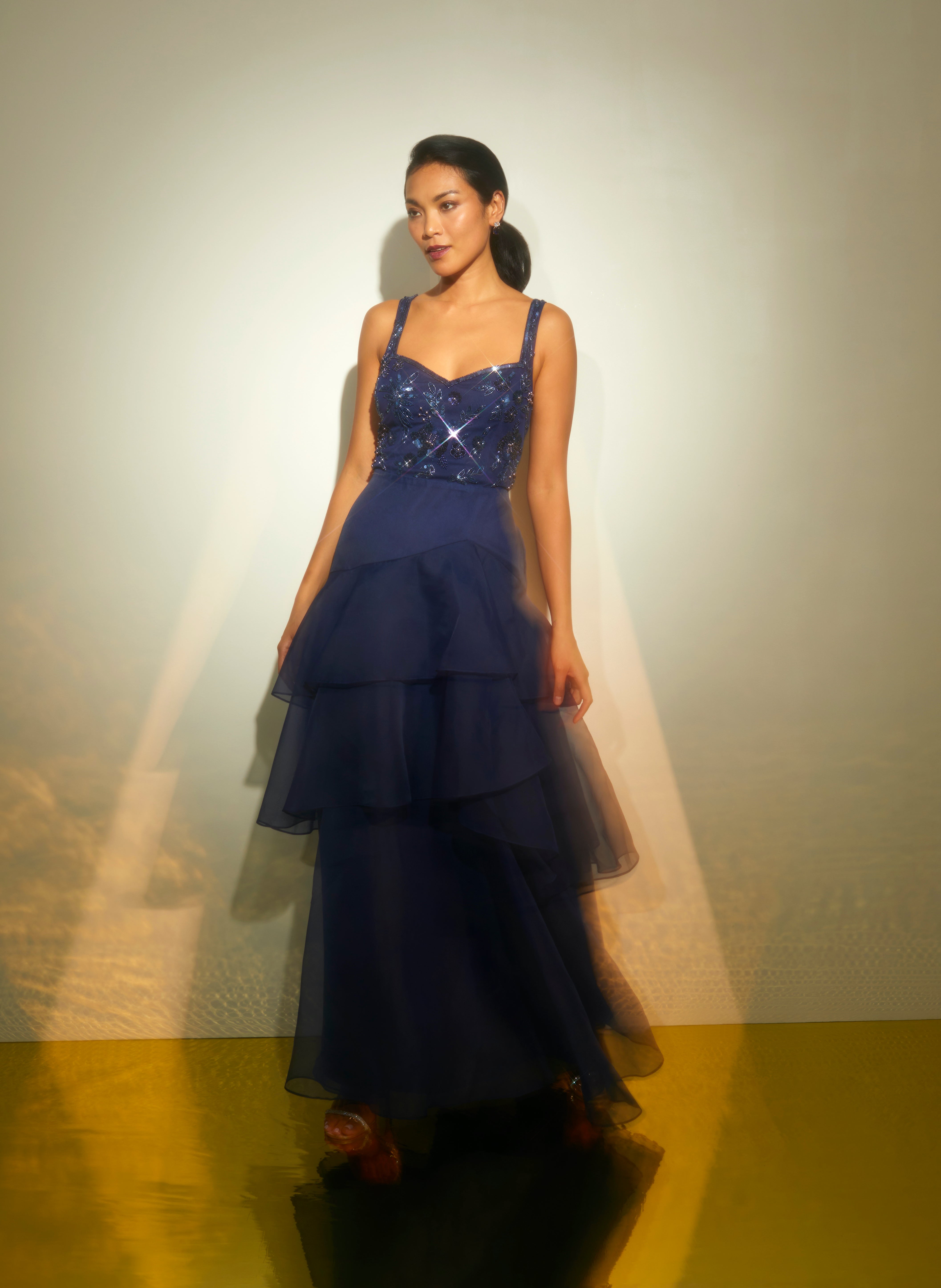 Navy Tiered Organza Gown With Beaded Bodice - Adrianna Papell Navy Tiered Organza Gown With Beaded Bodice - Adrianna Papell