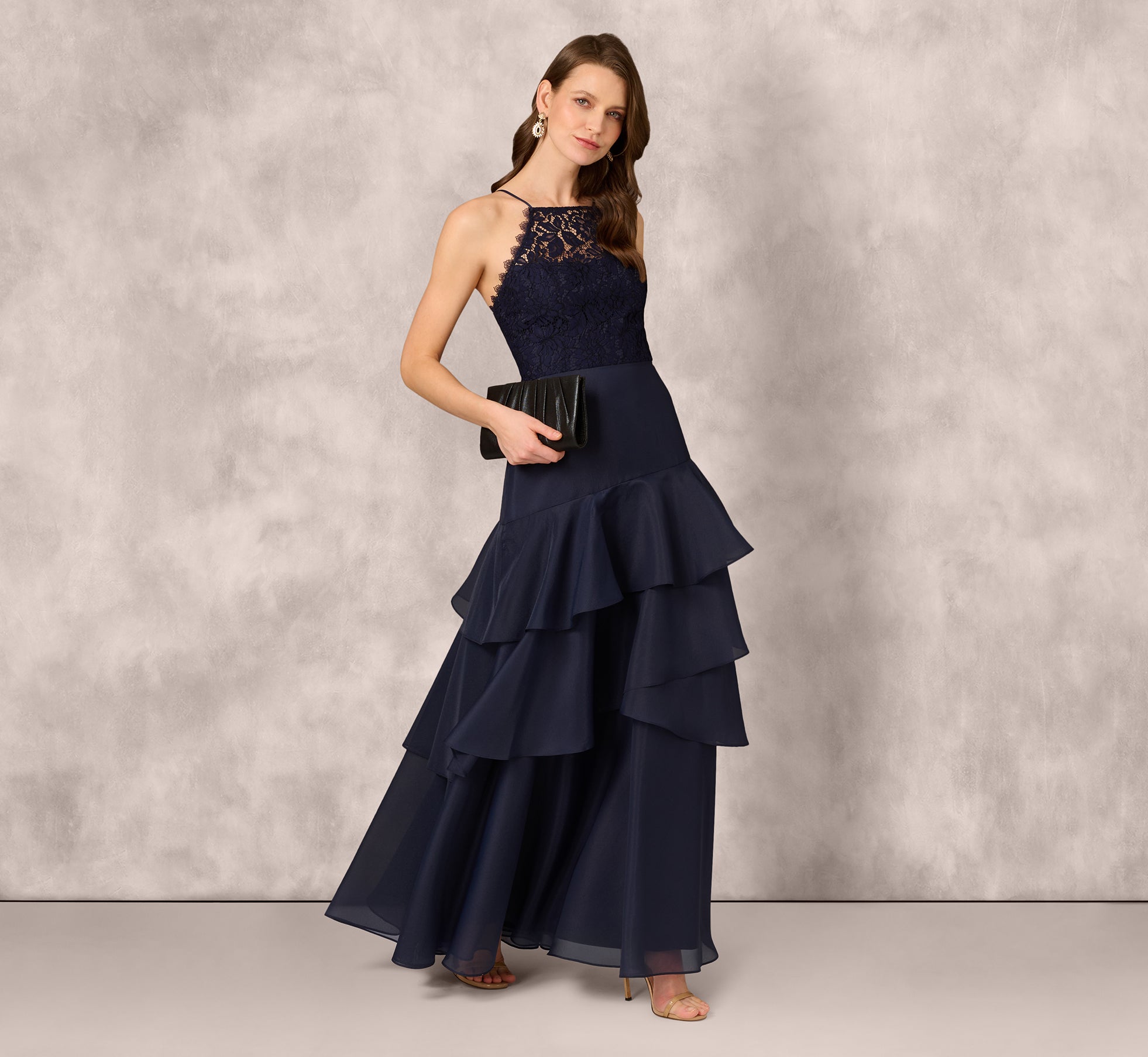 Navy Lace Organza Halter Ballgown - Adrianna Papell Navy Lace Organza Halter Ballgown - Adrianna Papell