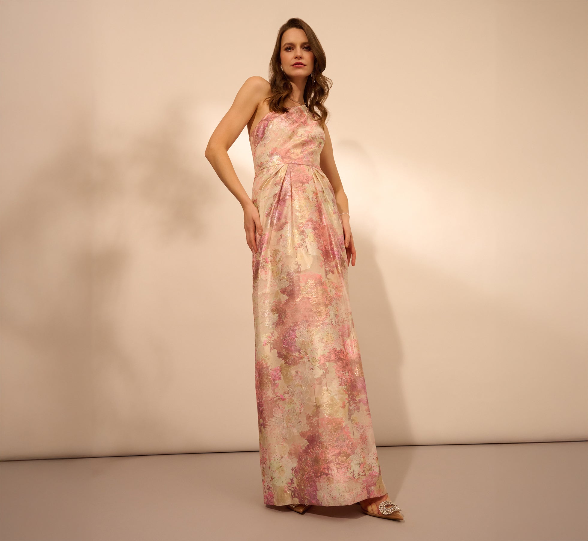 One Shoulder Pleated Jacquard Column Gown In Pink Multi One Shoulder Pleated Jacquard Column Gown In Pink Multi