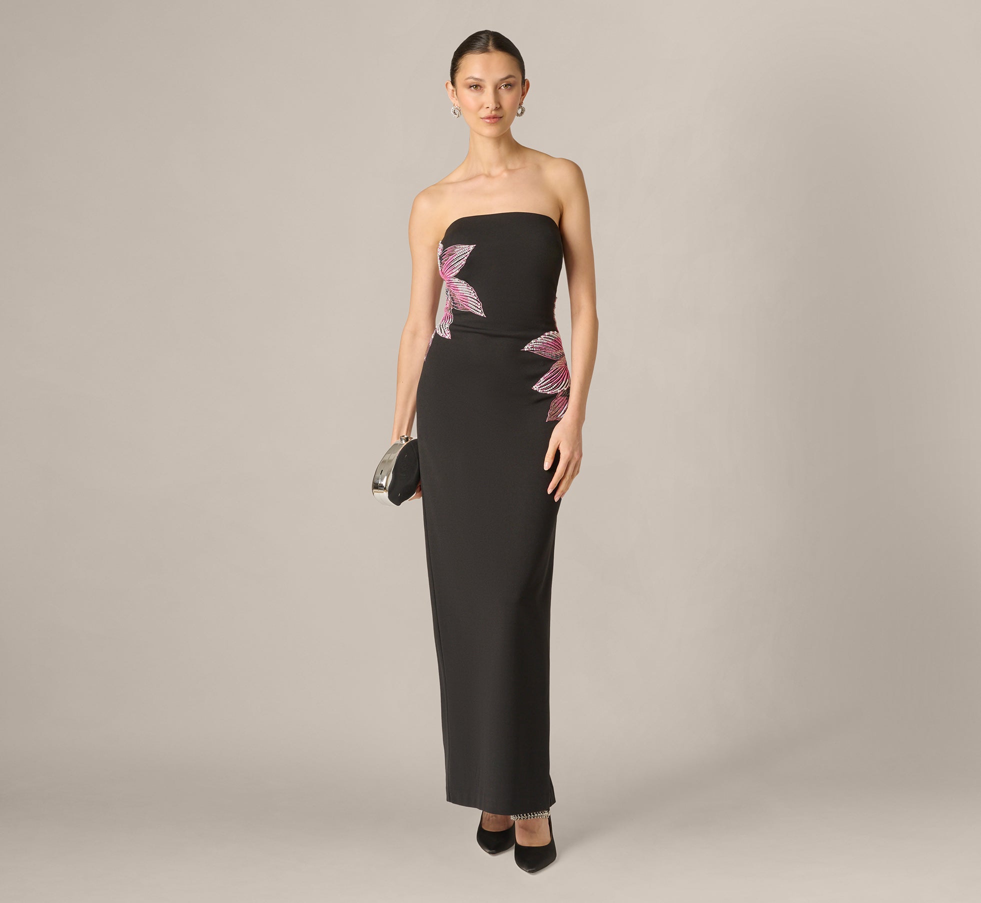 Black Strapless Beaded Flower Gown - Adrianna Papell Black Strapless Beaded Flower Gown - Adrianna Papell