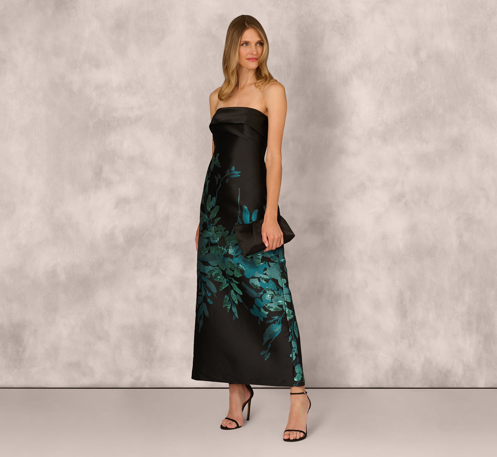 Black Sleeveless Metallic Floral Jacquard Gown - Adrianna Papell Black Sleeveless Metallic Floral Jacquard Gown - Adrianna Papell