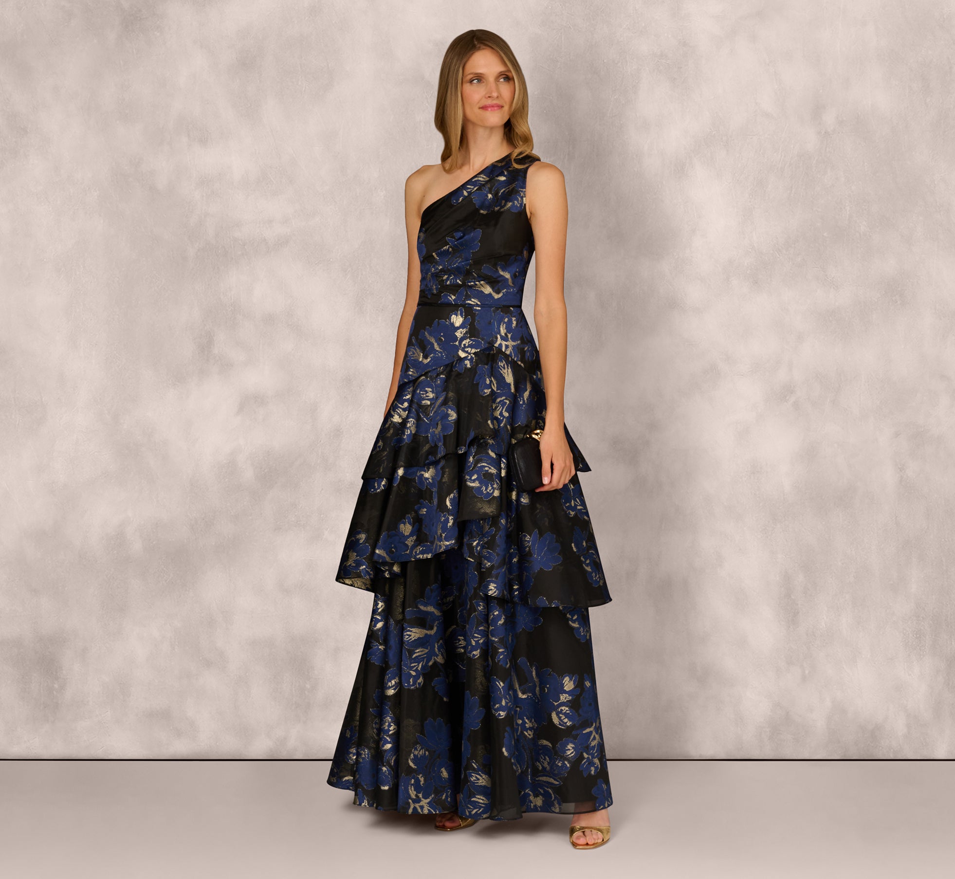 One Shoulder Floral Jacquard Flounce Ballgown In Navy Multi One Shoulder Floral Jacquard Flounce Ballgown In Navy Multi