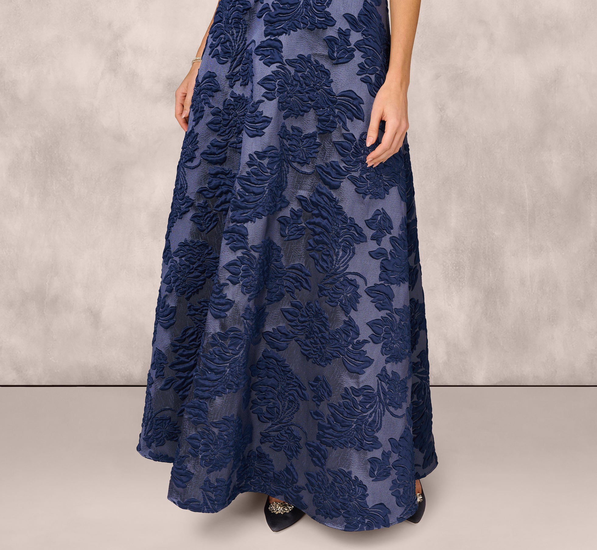 adrianna papell navy blue dress Aidan Mattox Off-Shoulder Floral Jacquard Gown, Blue, Women's, 4 A striking expression of Pant Size:34 / L For the Occasion Black long sleeve mermaid dress