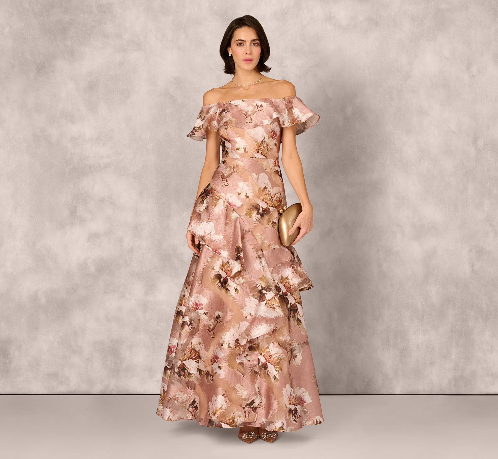 Blush Multi Off Shoulder Floral Jacquard Flounce Gown - Adrianna Papell Blush Multi Off Shoulder Floral Jacquard Flounce Gown - Adrianna Papell