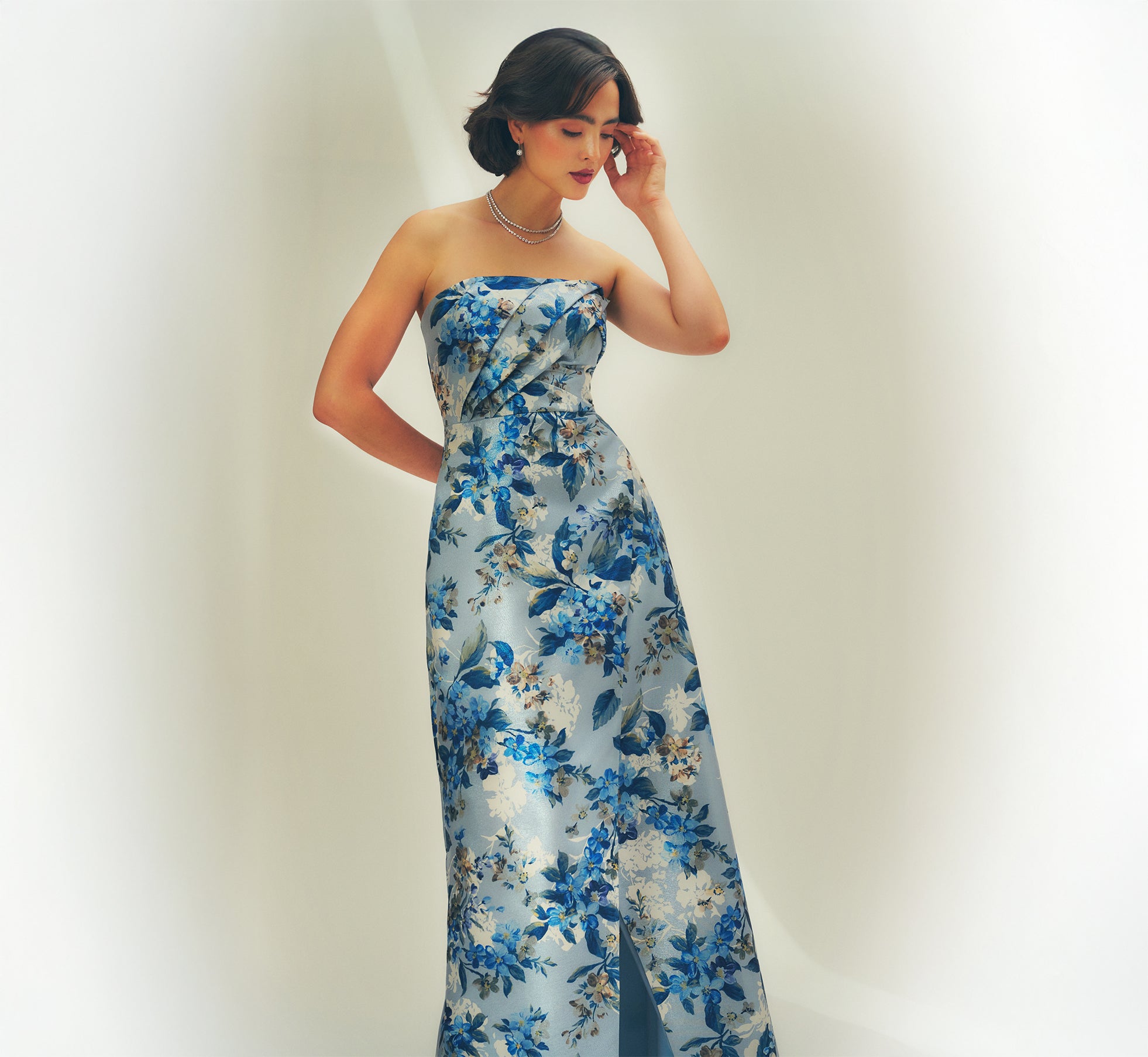Strapless Pleated Floral Jacquard Wrap Gown In Blue Multi Strapless Pleated Floral Jacquard Wrap Gown In Blue Multi