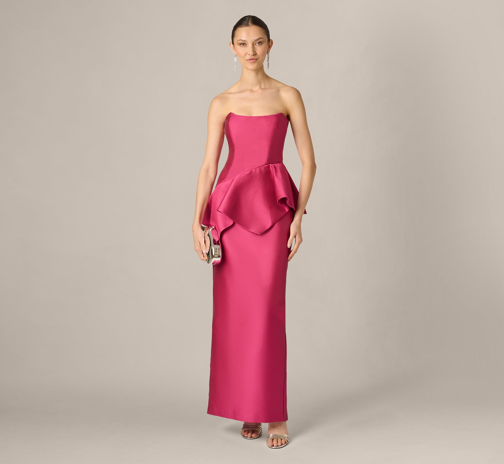 Bright Rose Strapless Asymmetrical Peplum Gown - Adrianna Papell Bright Rose Strapless Asymmetrical Peplum Gown - Adrianna Papell