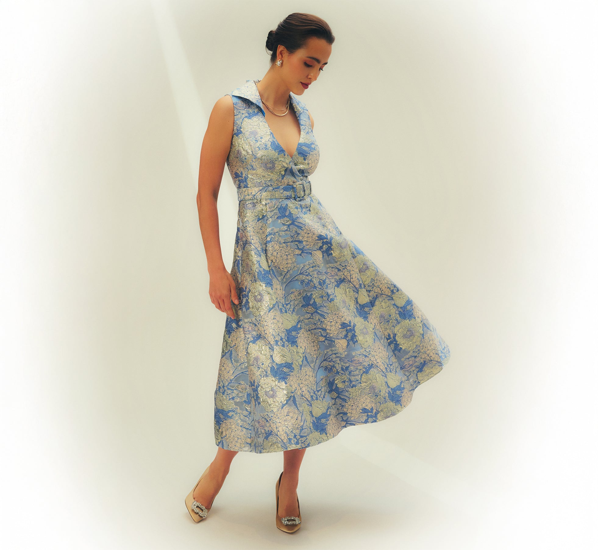 Hydrangea Floral Jacquard Collared Midi Dress In Blue Multi