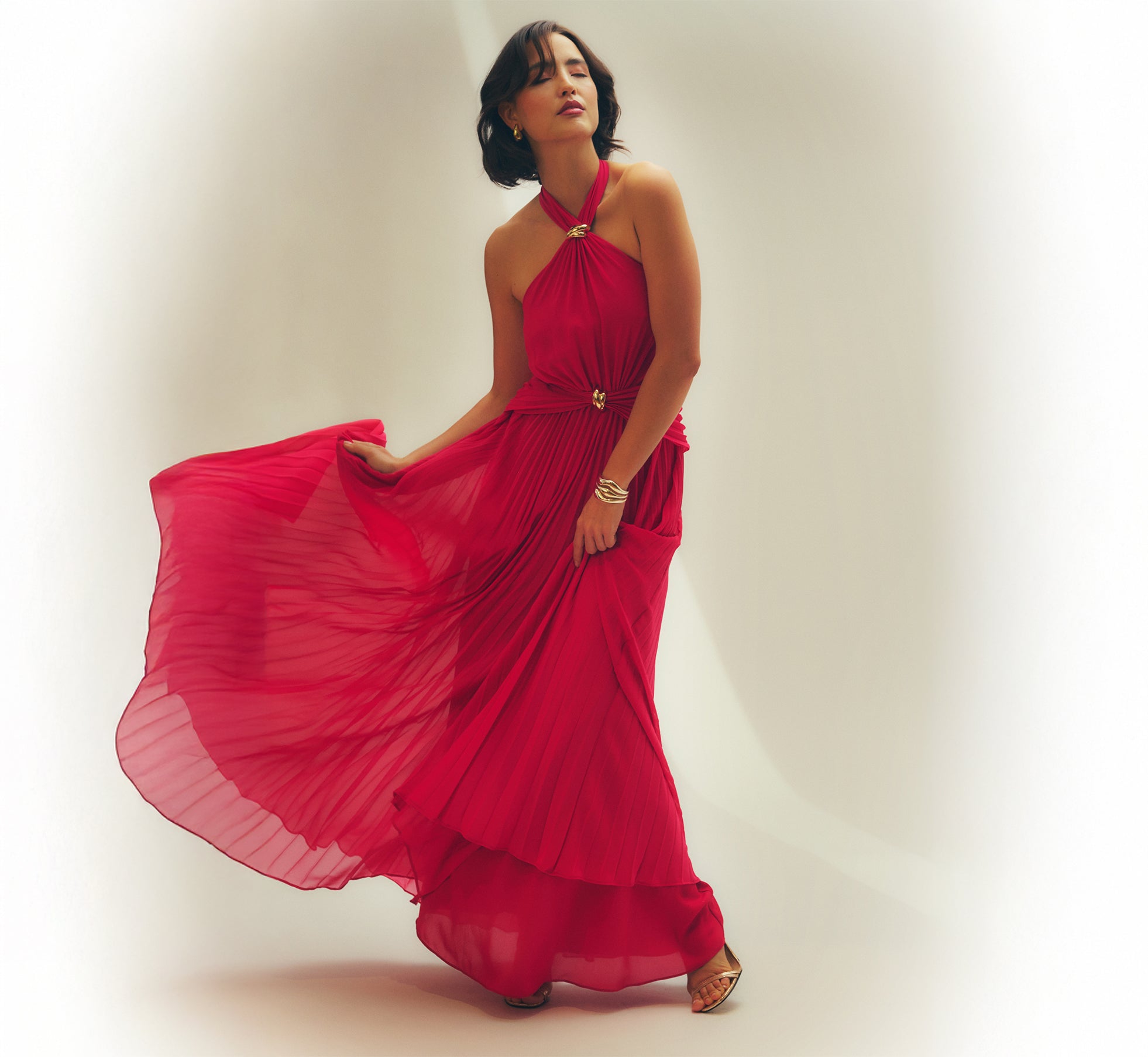 strapless open back dress Pleated Chiffon Hardware Halter Gown In Pink Cherry