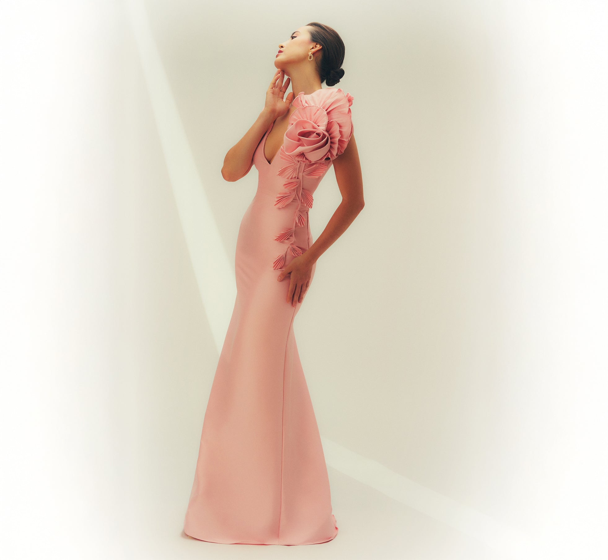 Aidan Mattox Stretch Mikado Rosette Shoulder Gown - Pink Cloud Aidan Mattox Stretch Mikado Rosette Shoulder Gown - Pink Cloud