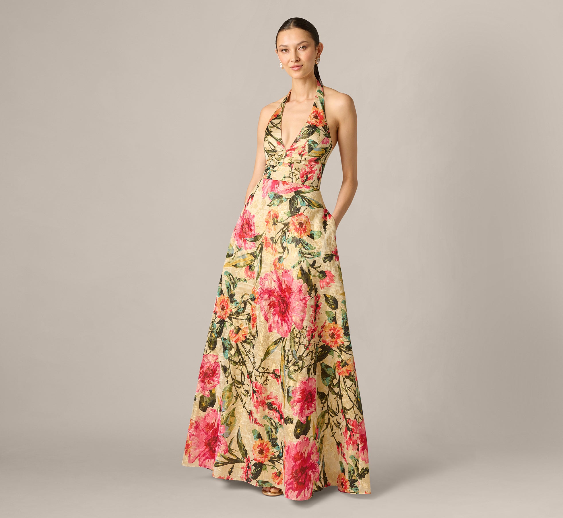 Floral Jacquard Plunge Neck Halter Ballgown In Pink Multi, Pink Multi / Regular / 10 Floral Jacquard Plunge Neck Halter Ballgown In Pink Multi, Pink Multi / Regular / 10