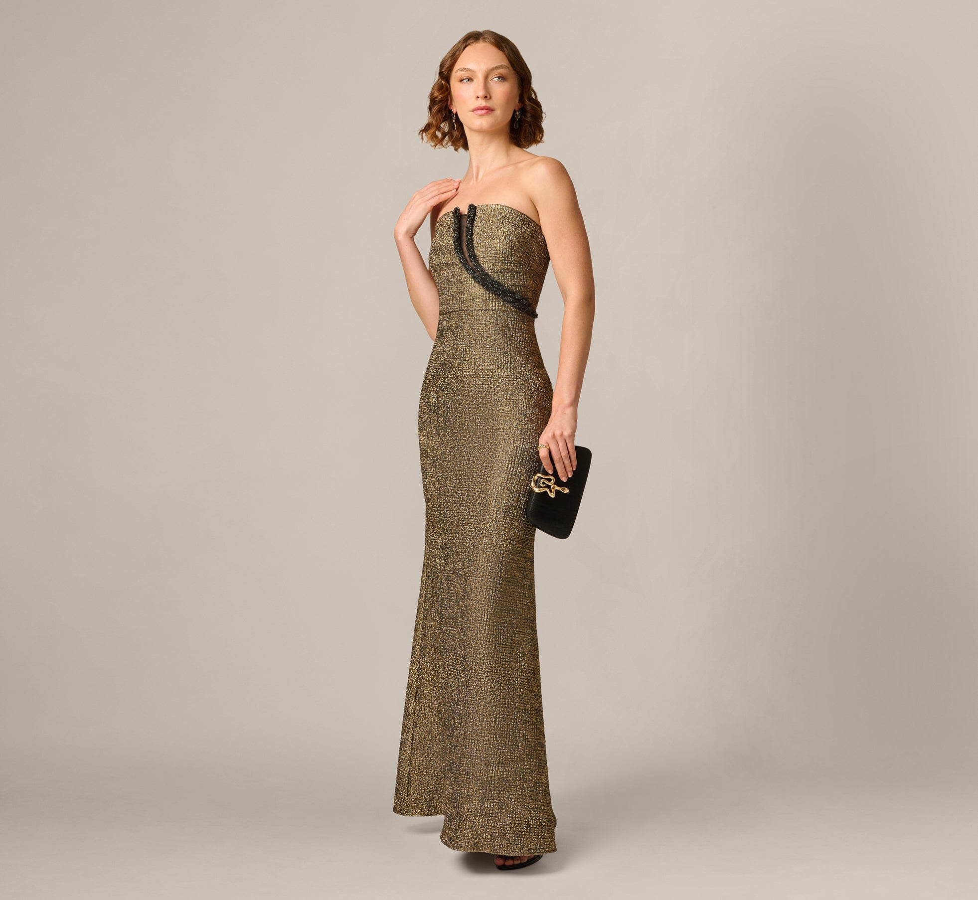 Black Strapless Stretch Jacquard Beaded Illusion Gown