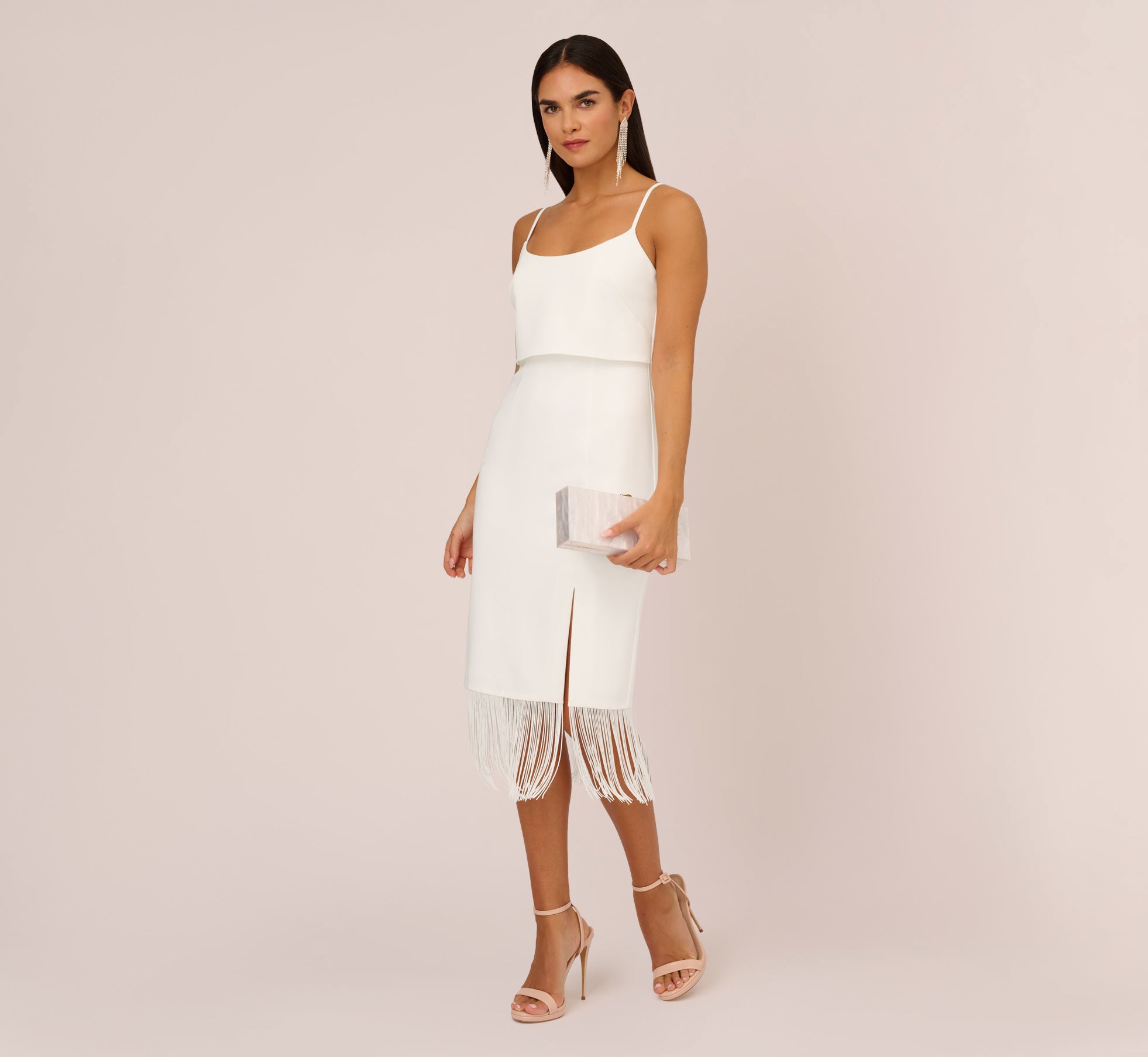 Adrianna Papell Crepe Popover Midi Dress With Fringe Trim - Ivory Adrianna Papell Crepe Popover Midi Dress With Fringe Trim - Ivory