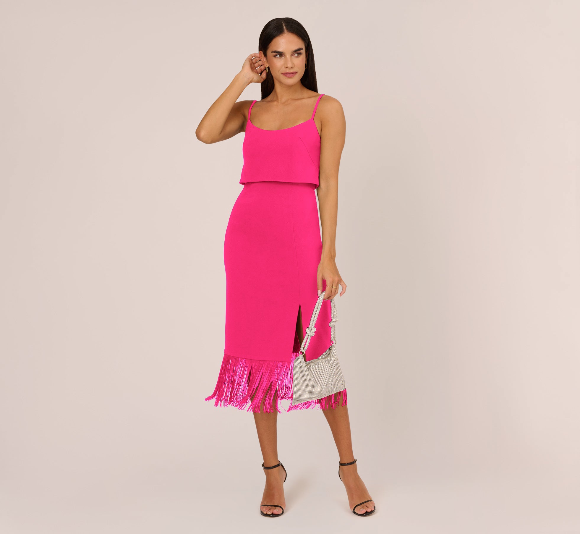 Adrianna Papell Crepe Popover Midi Dress with Fringe Trim - Lipstick Adrianna Papell Crepe Popover Midi Dress with Fringe Trim - Lipstick