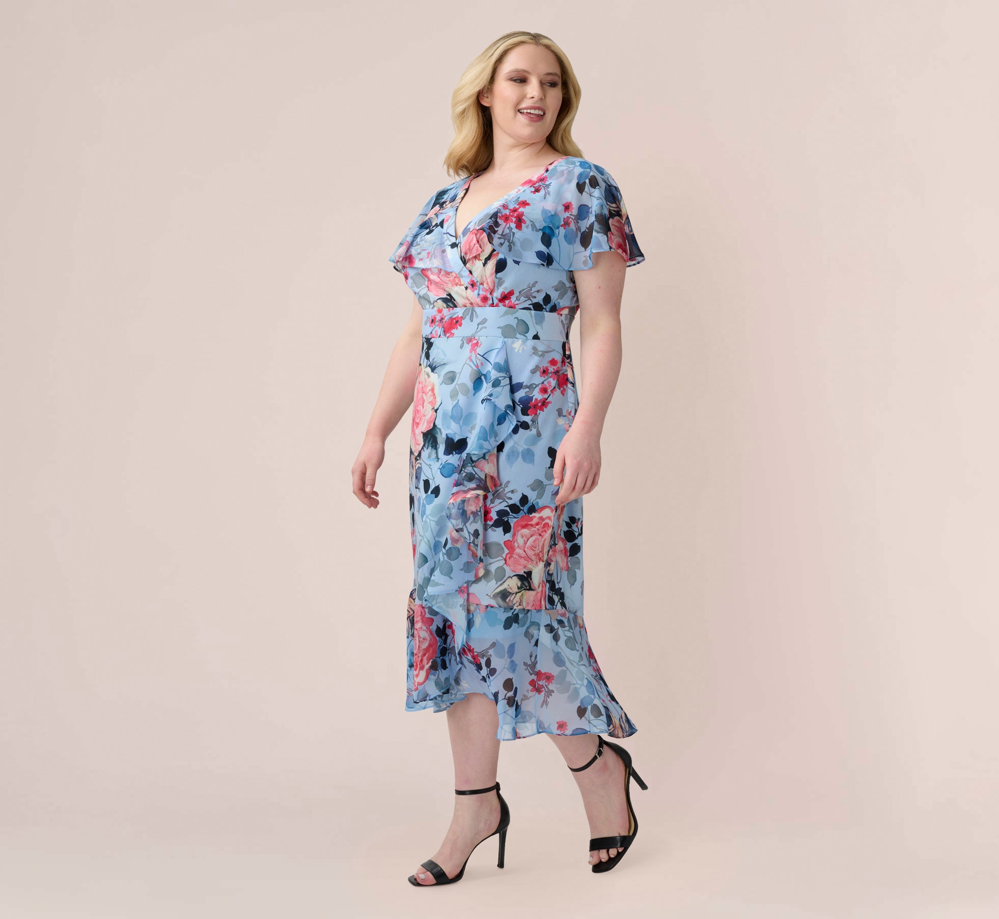 Blue Multi Plus Size Floral Faux Wrap Dress - Adrianna Papell Blue Multi Plus Size Floral Faux Wrap Dress - Adrianna Papell
