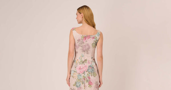 Floral Matelasse Sheath Dress With Draped Details In Marble Multi